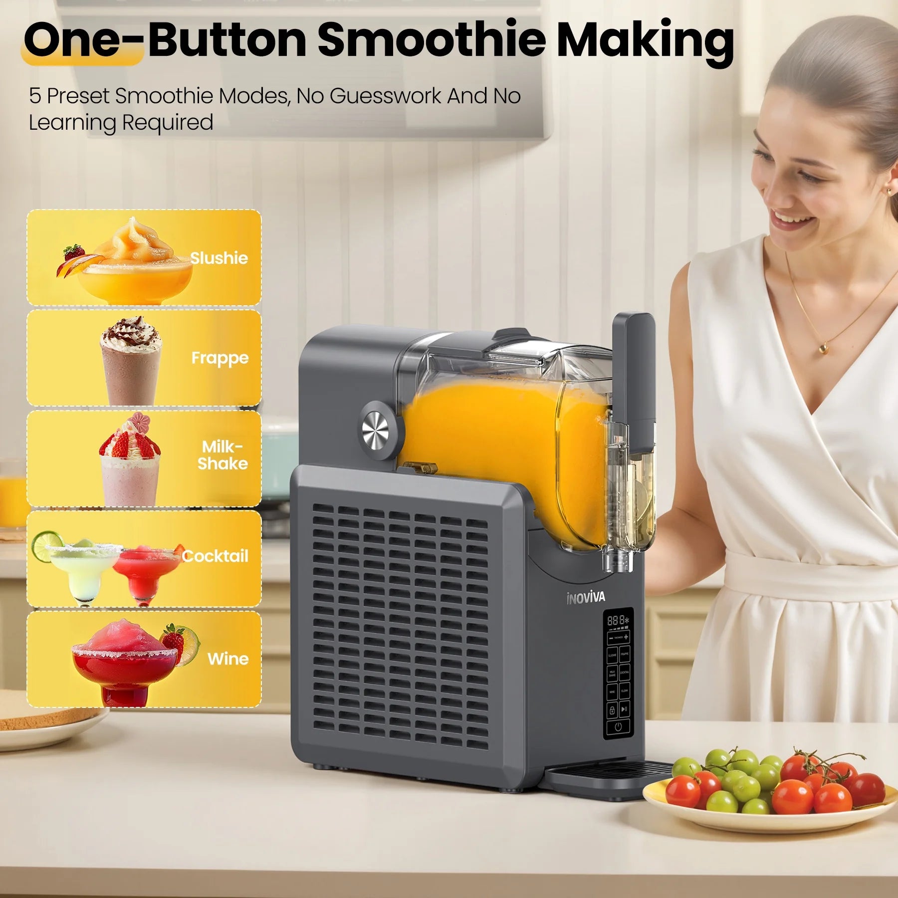 Slushie Machine, No Ice Needed, 72 oz INOVIVA Slushy Machine for Home with Self-Cleaning Function, Professional Frozen Drink Maker, 5 Preset Programs, Frozen Margaritas, Frappés, Milkshake, and More