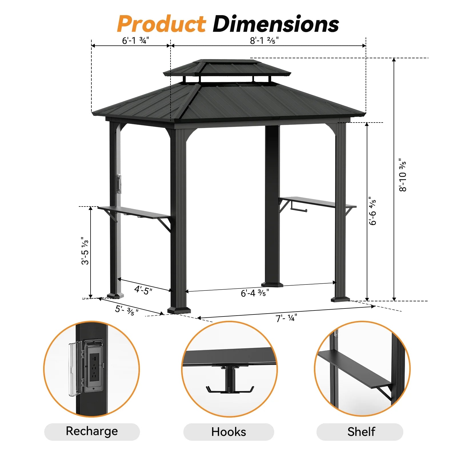 6’ x 8’ Aluminum Grill Gazebo with Modern Shade Design, Equipped with Shelves, Ceiling Hook, and Galvanized Steel Roof for Enhanced Patio, Lawn, or Backyard Deck BBQ Experience