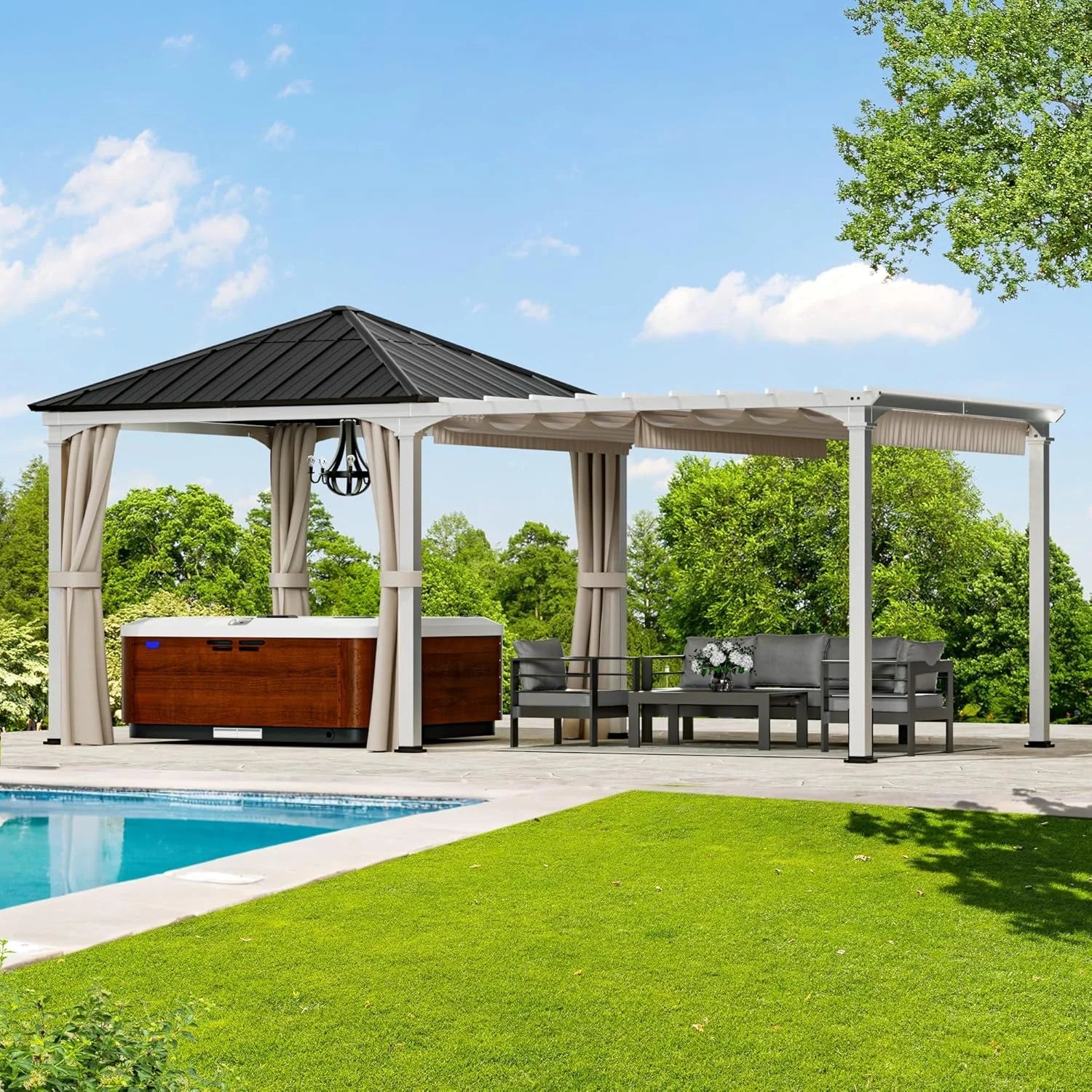 ModernShade 10'x20' Pergola Hybrid Gazebo with Adjustable Shade Fabric,Hardtop Roof,Privacy Curtains,Black and White