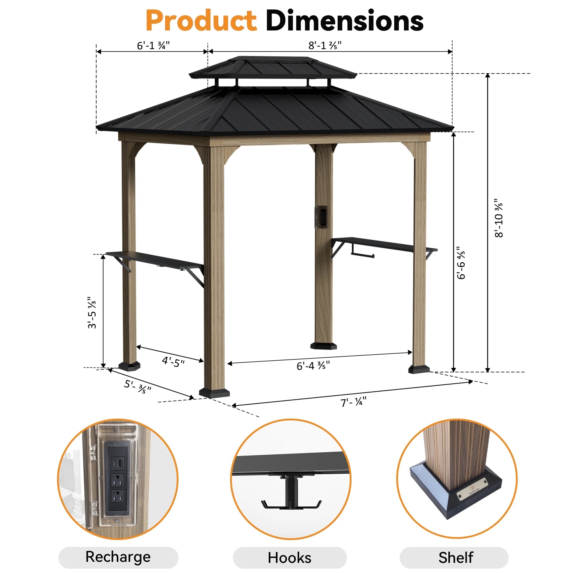 Modern Shade Grill Gazebo 6' X 8', Permanent Aluminum BBQ Gazebos with Shelves and Paper Towel Holder, Grill Canopy with Galvanized Steel Roof, Grill Gazebo with Charging Ports, Wood-Looking