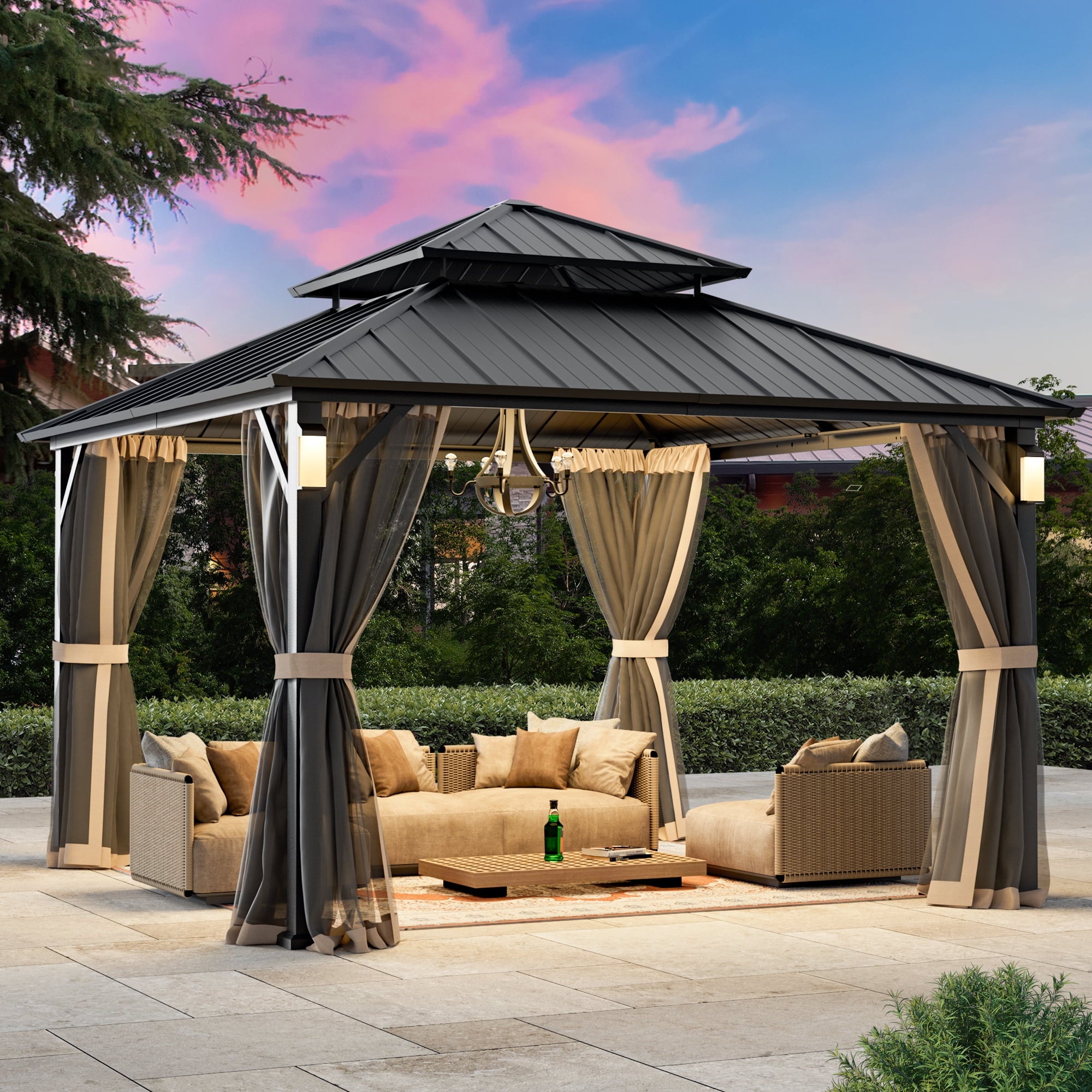 FONA 12'x14' Permanent Hardtop Gazebo with LED Lights,Double Roof,Mosquito Netting & Hooks,Black