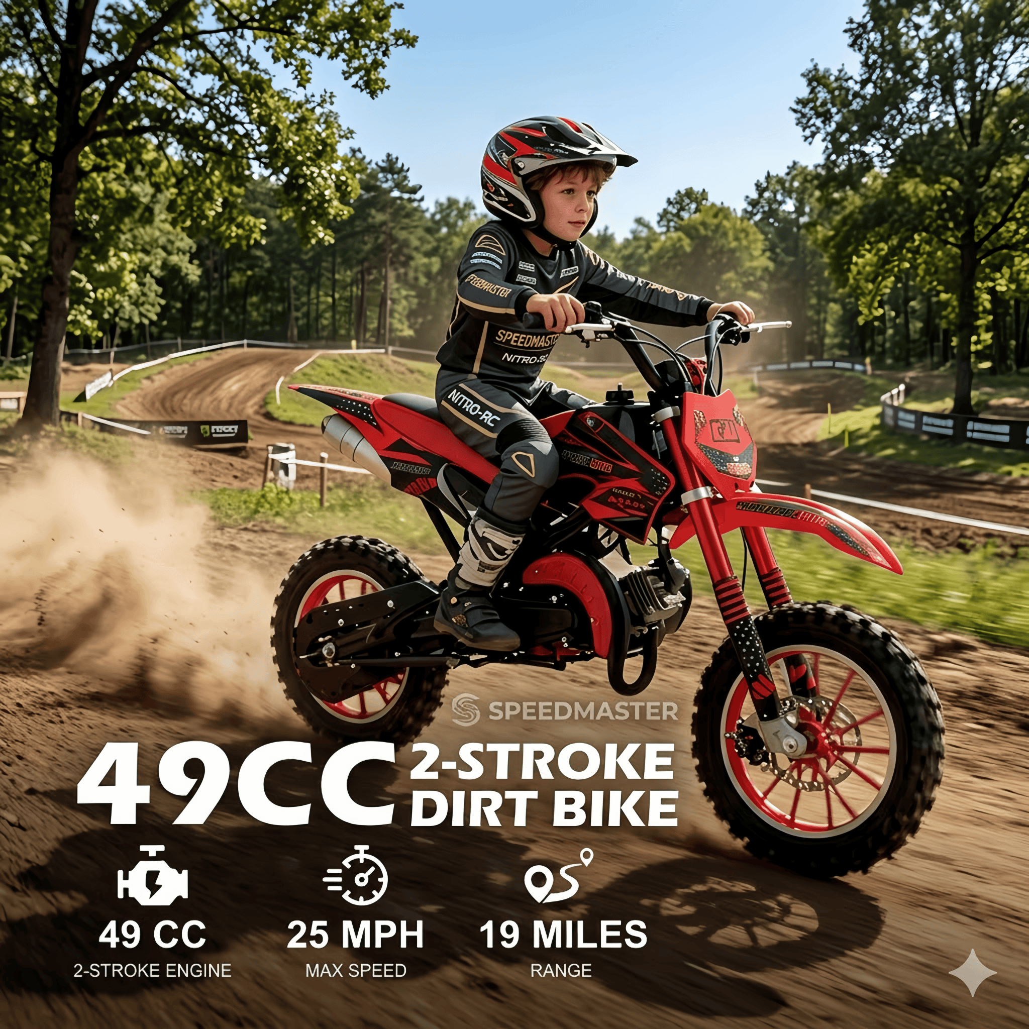 Epicord 50cc Kid Dirt Bike,2-Stroke Gas Mini Bike for Kids 8-14 Shock Absorption,Pull Start,Max Speed 40 MPH, 160 lb Capacity,Red