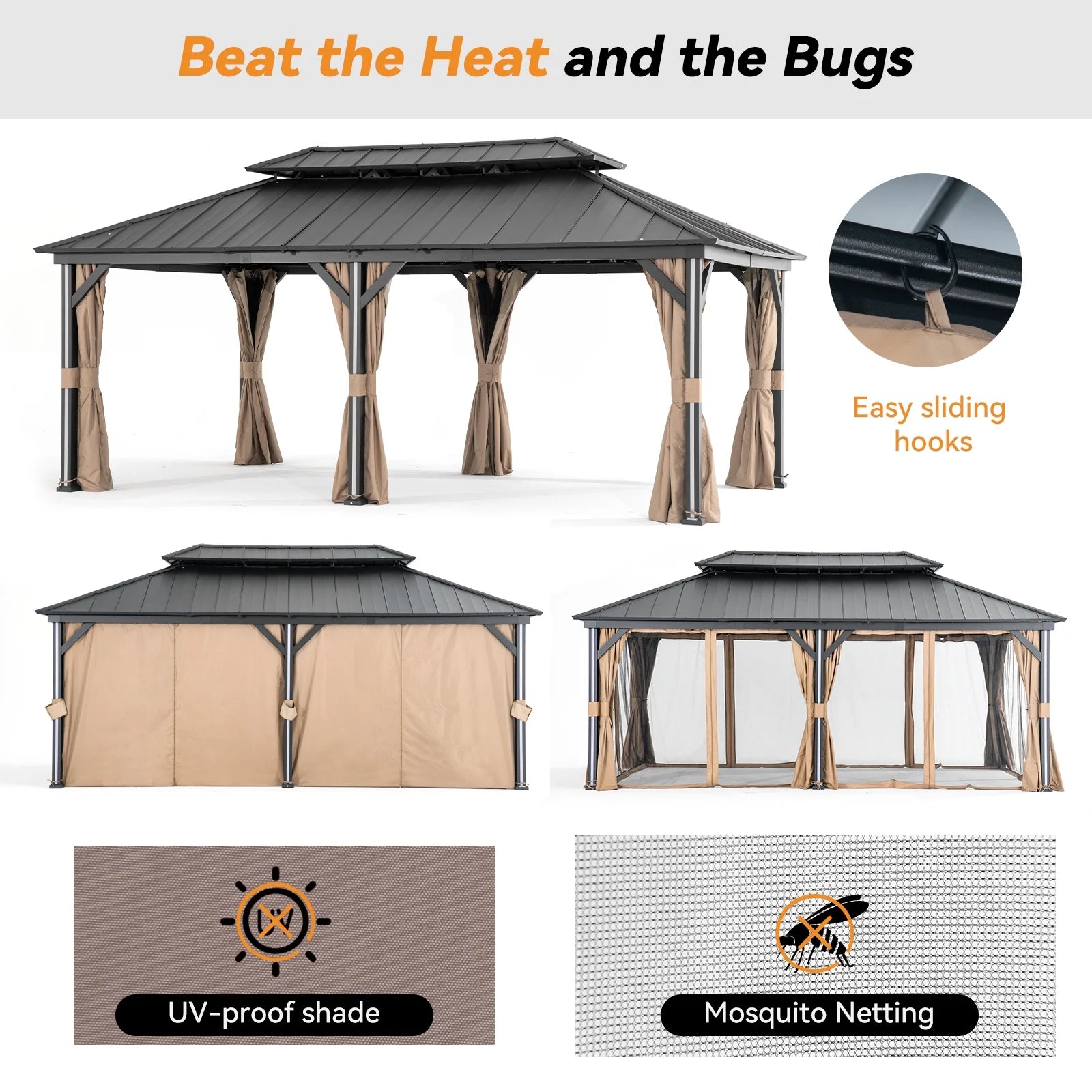 Modern Shade Hardtop Gazebo 12' x 20' Gazebo with 6 LED Lights, Outdoor Gazebo with Galvanized Steel Double Roof, Metal Gazebo with USB & USB-C Charging Port Deck, Netting and Curtains for Patios