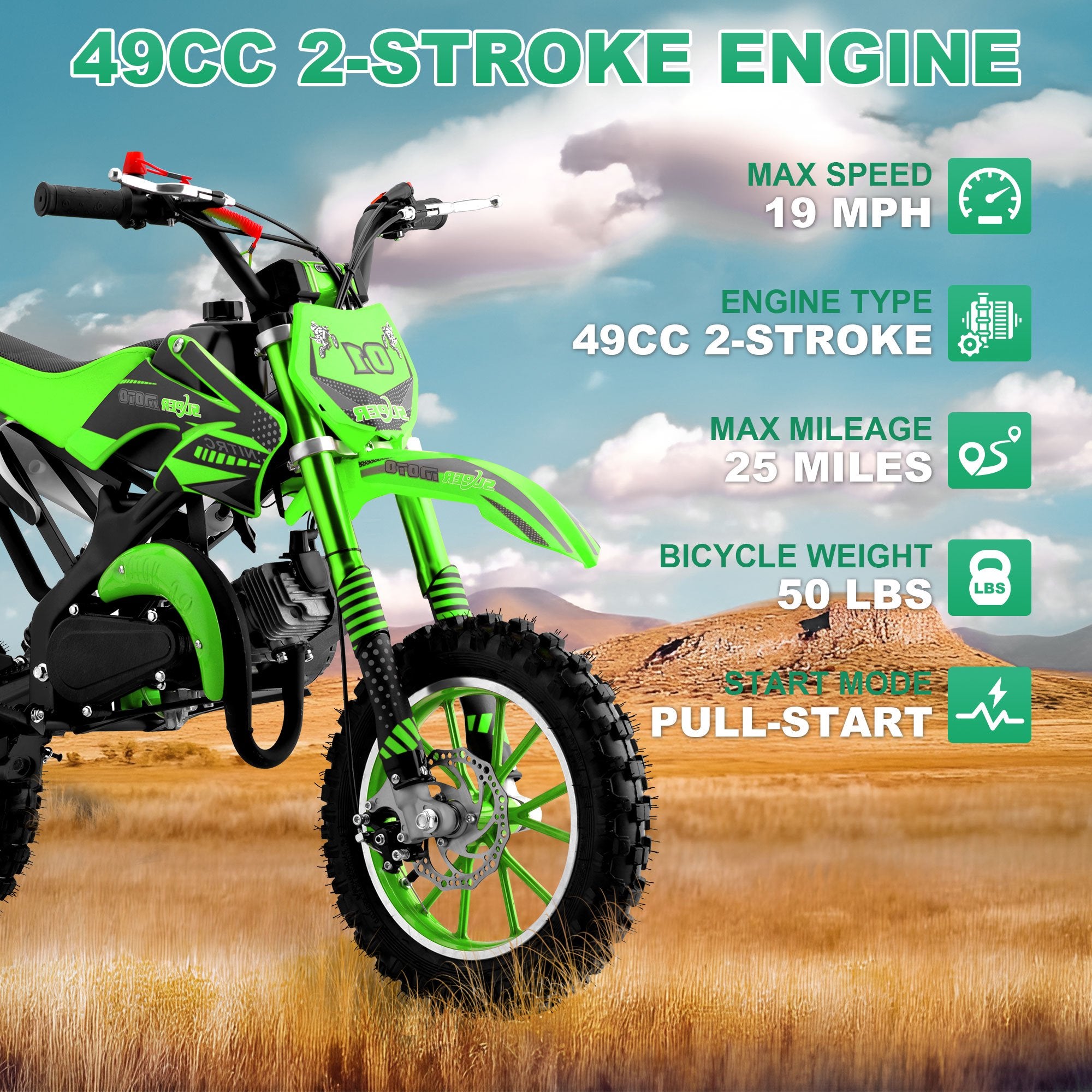 Ktoebyco Dirt Bike 49cc 2-Stroke Gas Mini Motorcycle for Kids Green