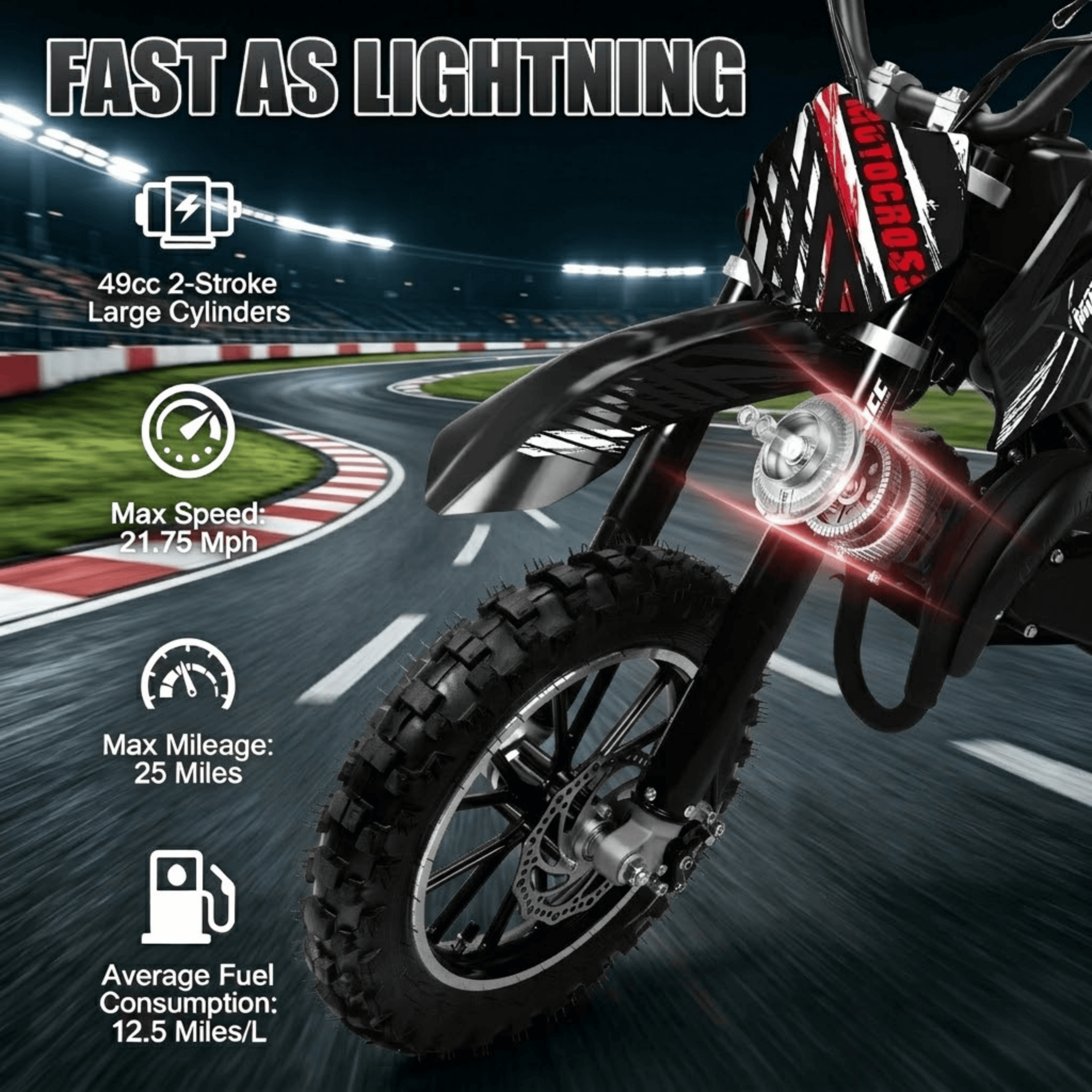 Ktoebyco 49cc Kids Mini Dirt Bike, 2-Stroke Gas-Powered Motorcycle, 1.5L Fuel Capacity, Black