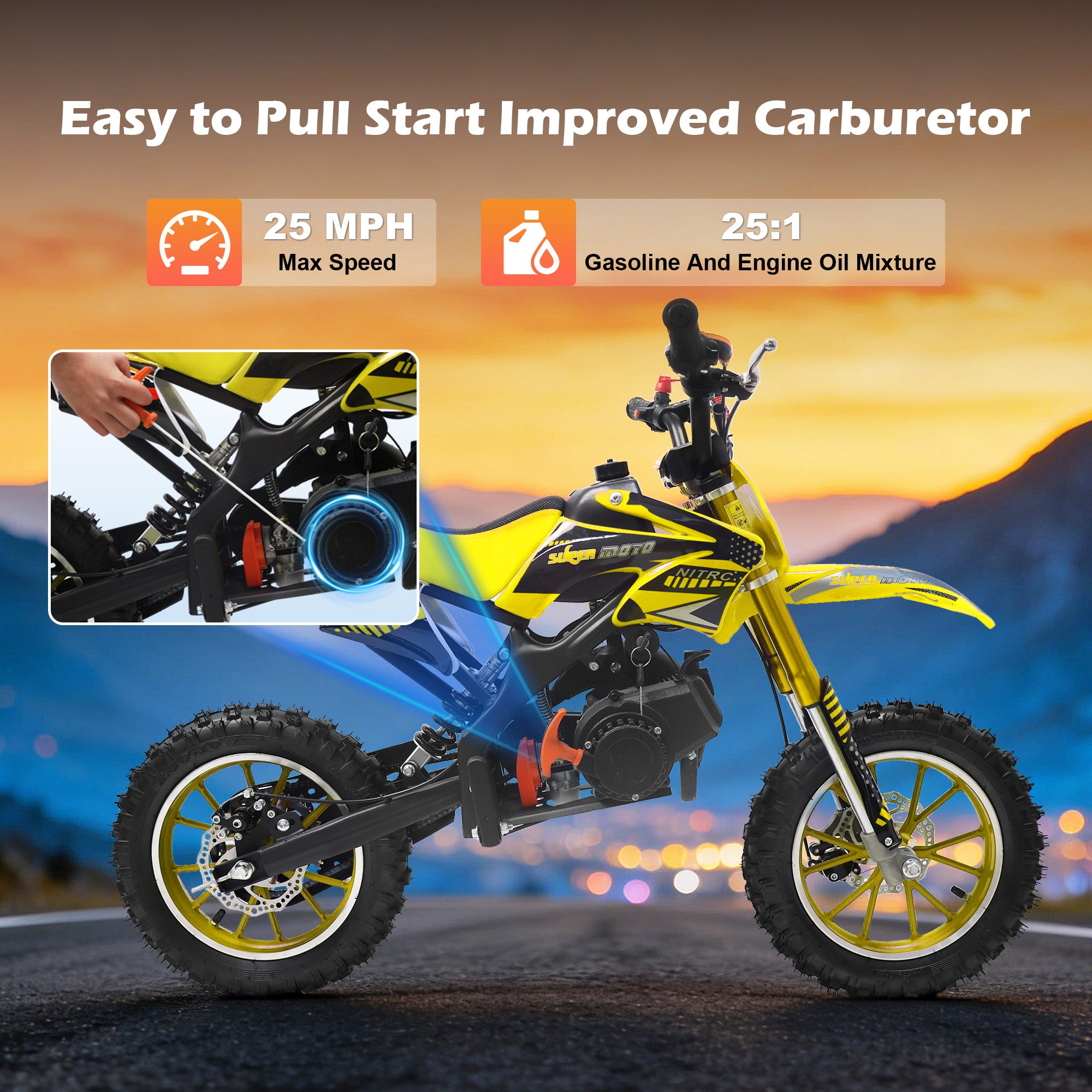 Gpower 49cc Dirt Bike for Kids 6-15,2-Stroke Gas Powered Mini Dirt Bike,1.5L Fuel Capacity,1-Seater,Yellow (4.7) | 35 ratings