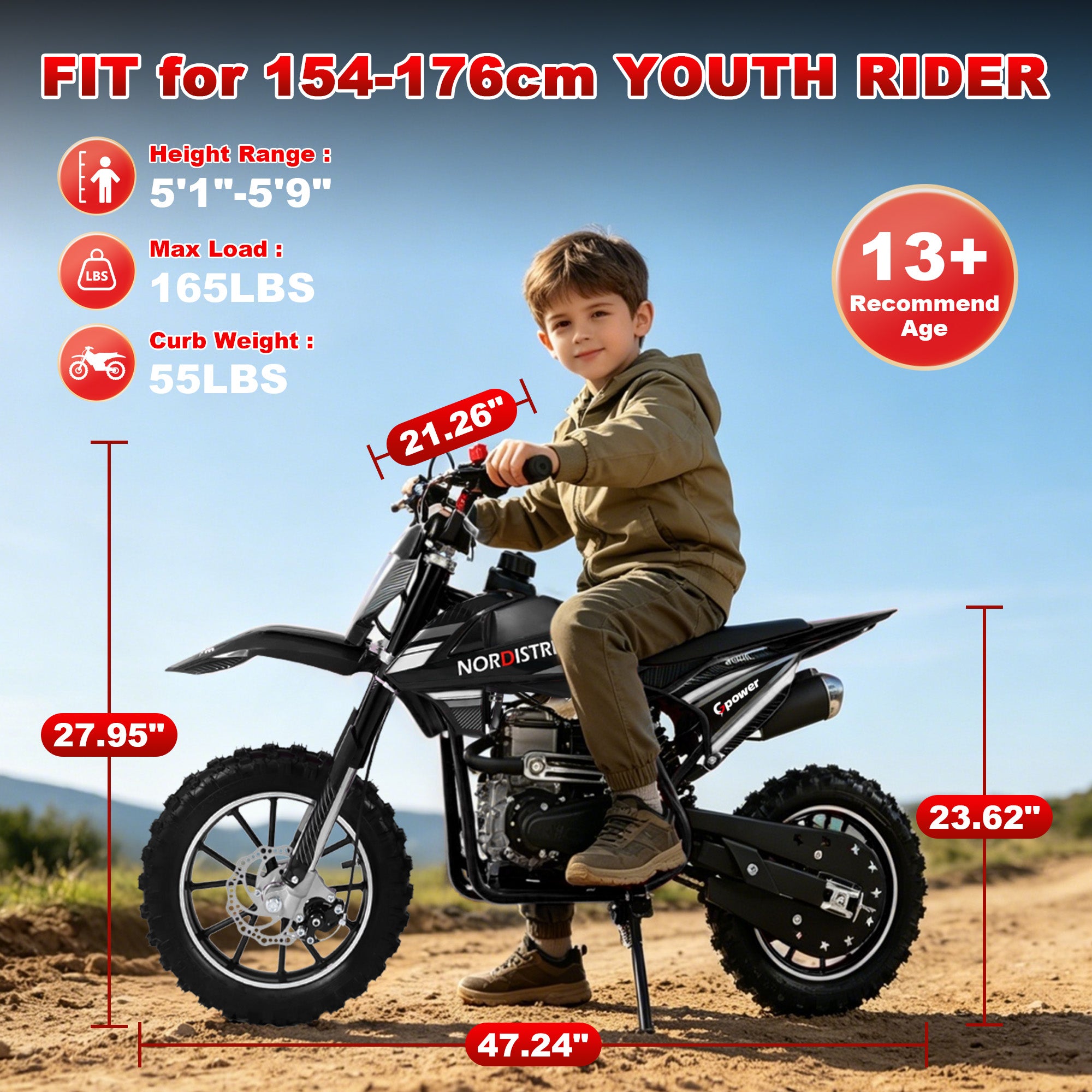 Gpower 50cc 4-Stroke Dirt Bike for Kids 13-17, Gas Power Mini Dirt Bike,1-Seater,Black