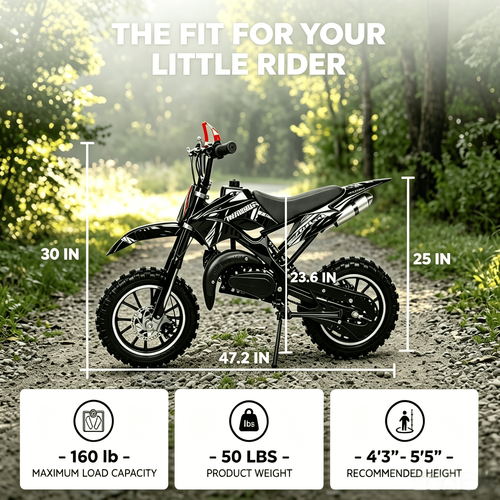 Epicord 50cc Kid Dirt Bike,2-Stroke Gas Mini Bike for Kids 8-14 Shock Absorption,Pull Start,Max Speed 40 MPH, 160 lb Capacity,Black
