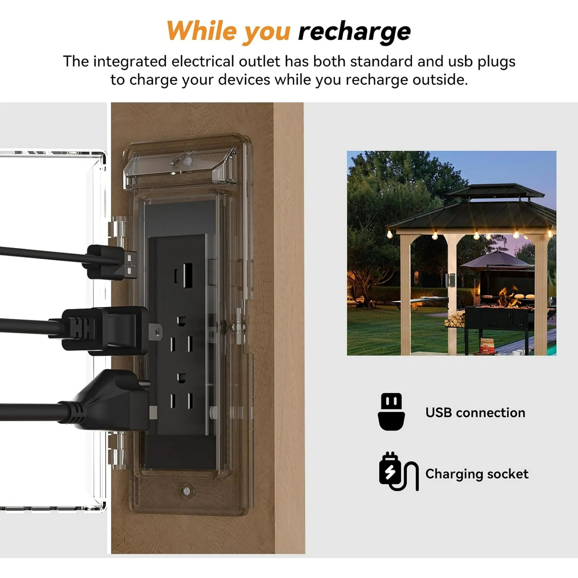 Modern Shade Grill Gazebo 6' X 8', Permanent Aluminum BBQ Gazebos with Shelves and Paper Towel Holder, Grill Canopy with Galvanized Steel Roof, Grill Gazebo with Charging Ports, Wood-Looking