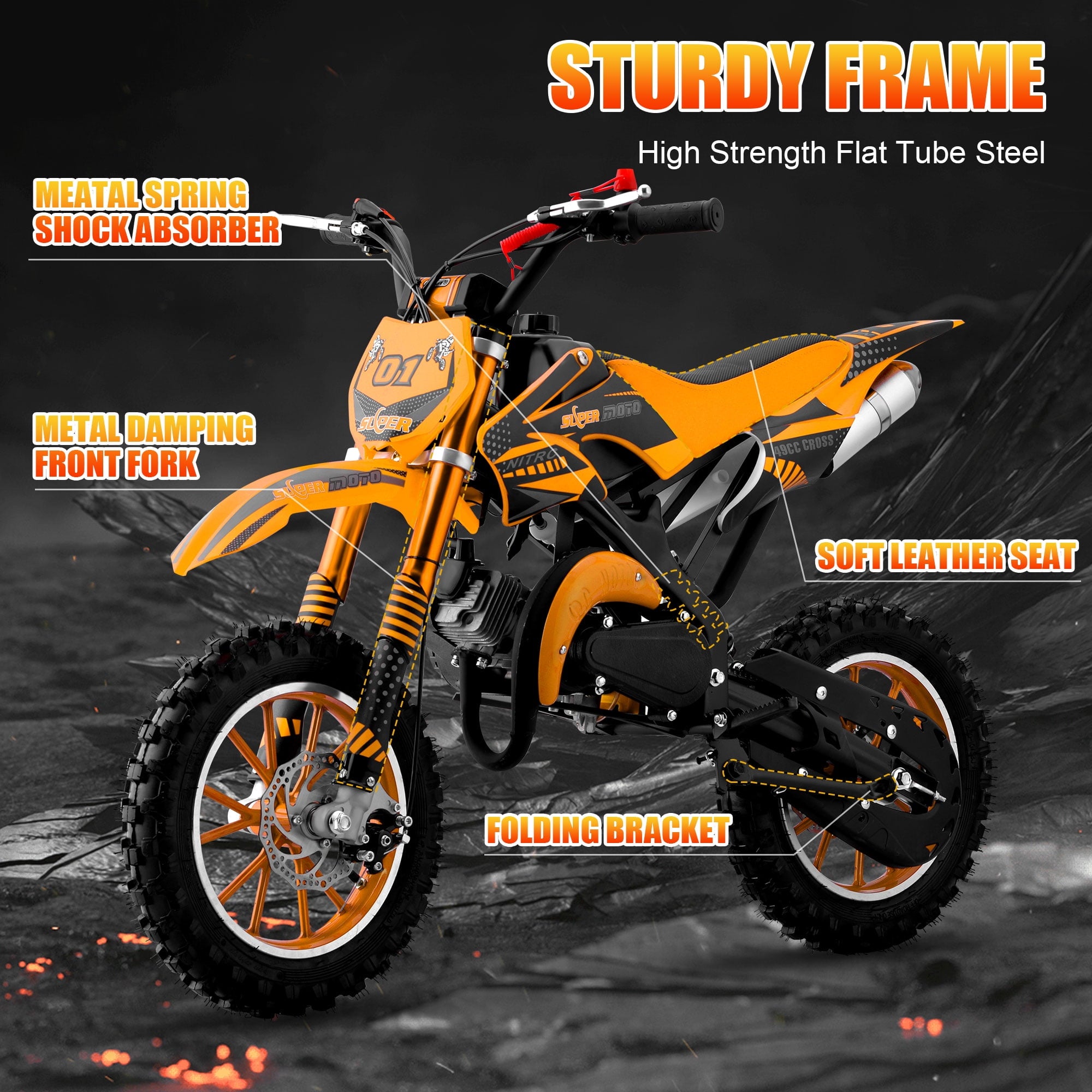 Ktoebyco 49cc Mini Dirt Bike for Kids, 2-Stroke off Road Gasoline Motorcycle,1.5L Fuel Capacity,Orange