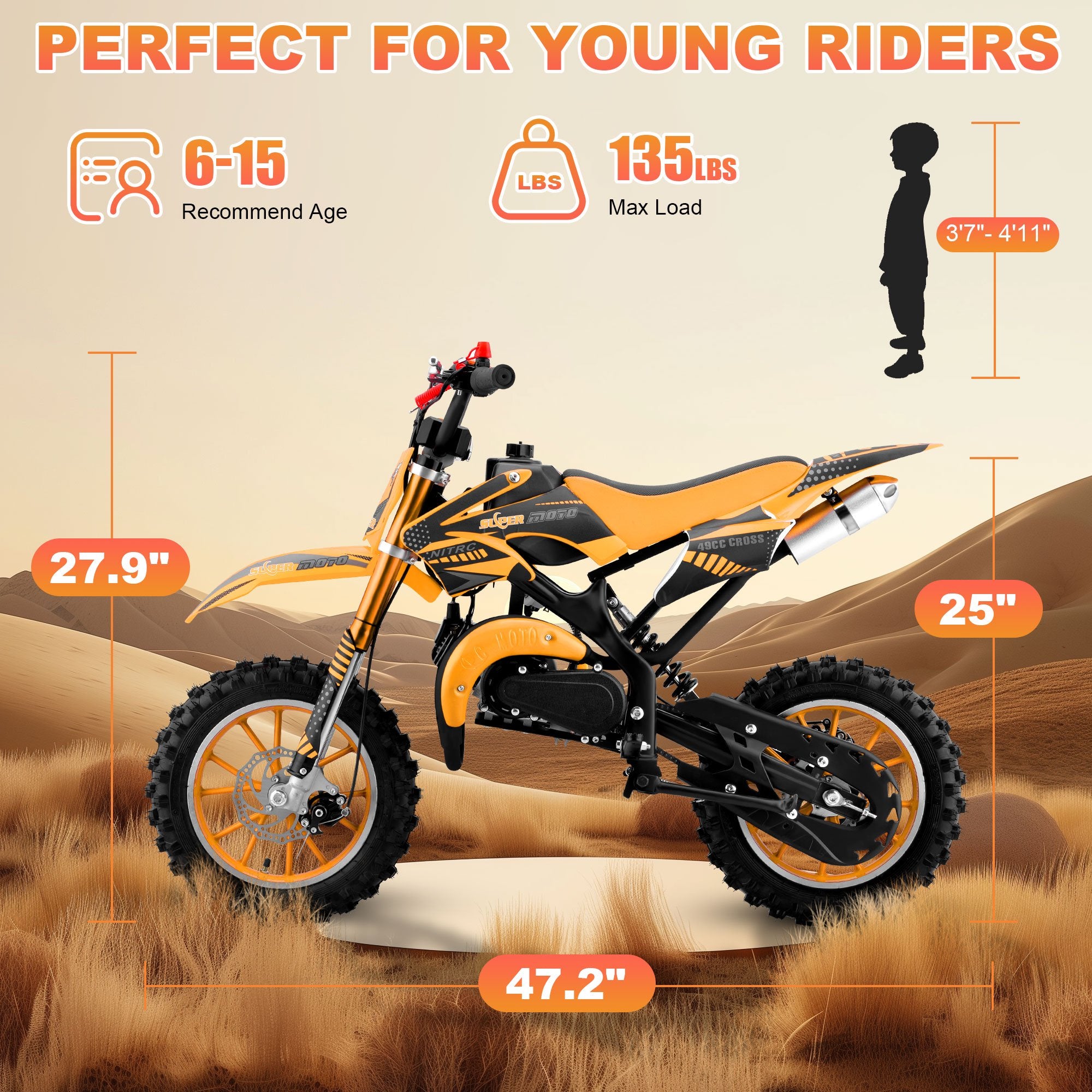 Ktoebyco Dirt Bike 49cc 2-Stroke Gas Mini Motorcycle for Kids Orange