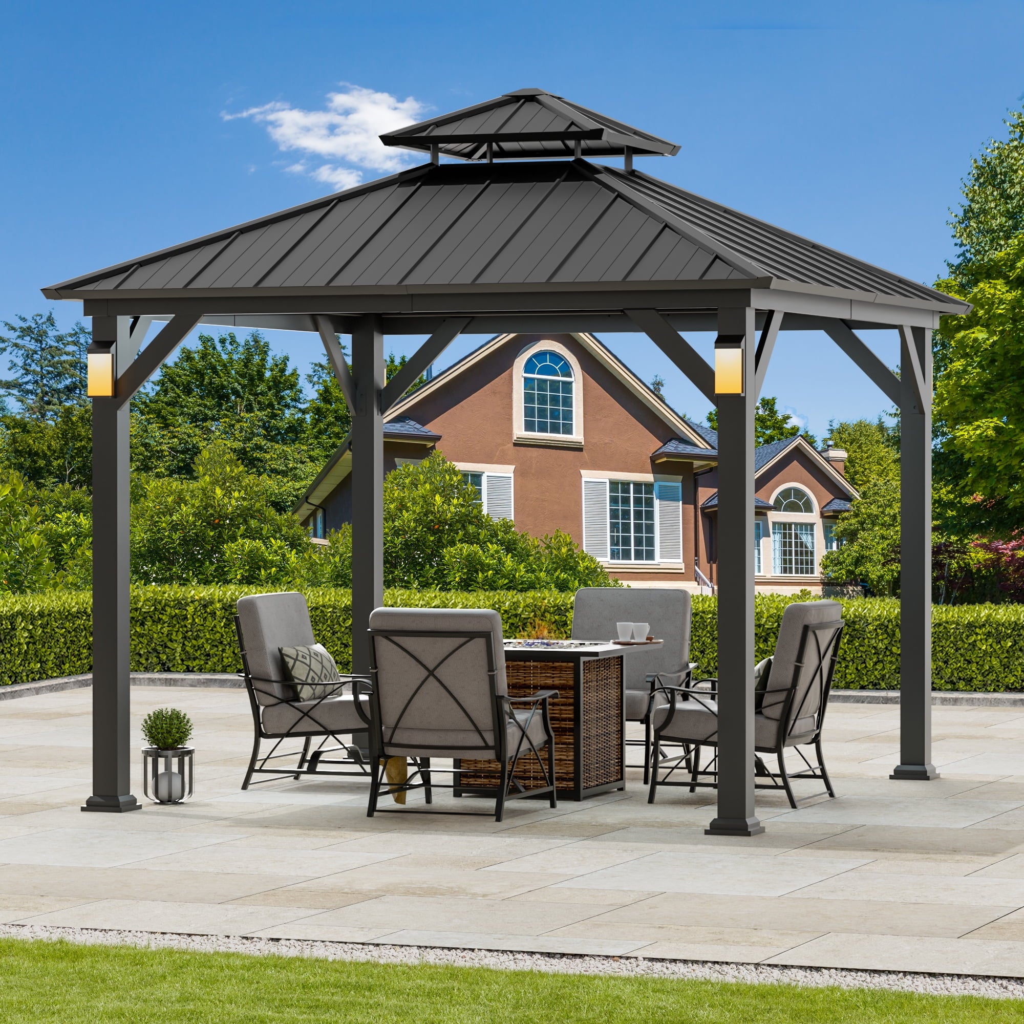 FONA 10'x10' Hardtop Metal Gazebo with LED Light,All-Weather Outdoor Pavilion for Patio,Garden,Black