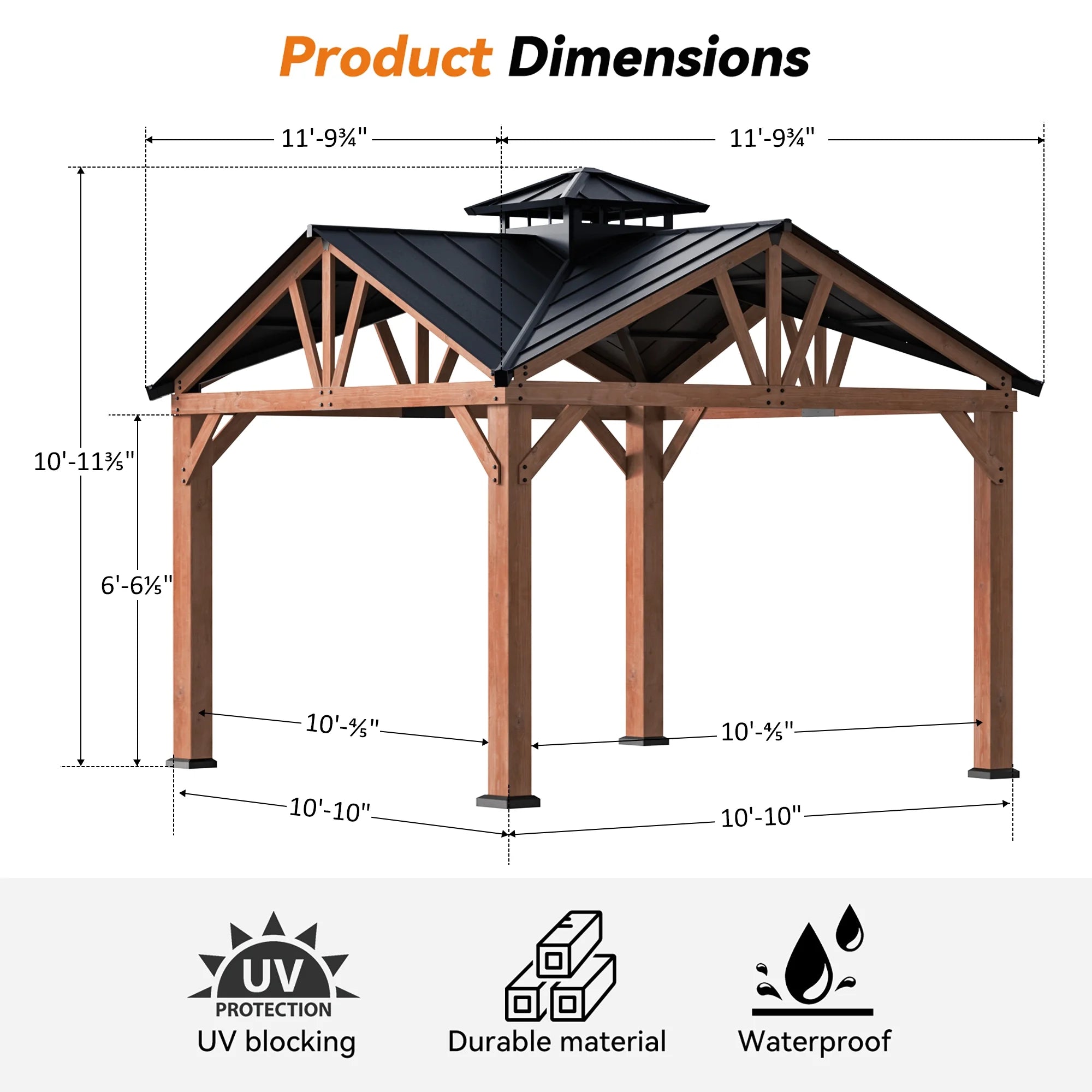 Modern Shade Wood Gazebo 12’x12’, Heavy Duty Hardtop Gazebo with Steel Roof, Water Resistant, Wind Resistant, Perfect for Your Permanent Outdoor Pavilion, Solid Wood Framed Gazebo, Cedar Gazebo
