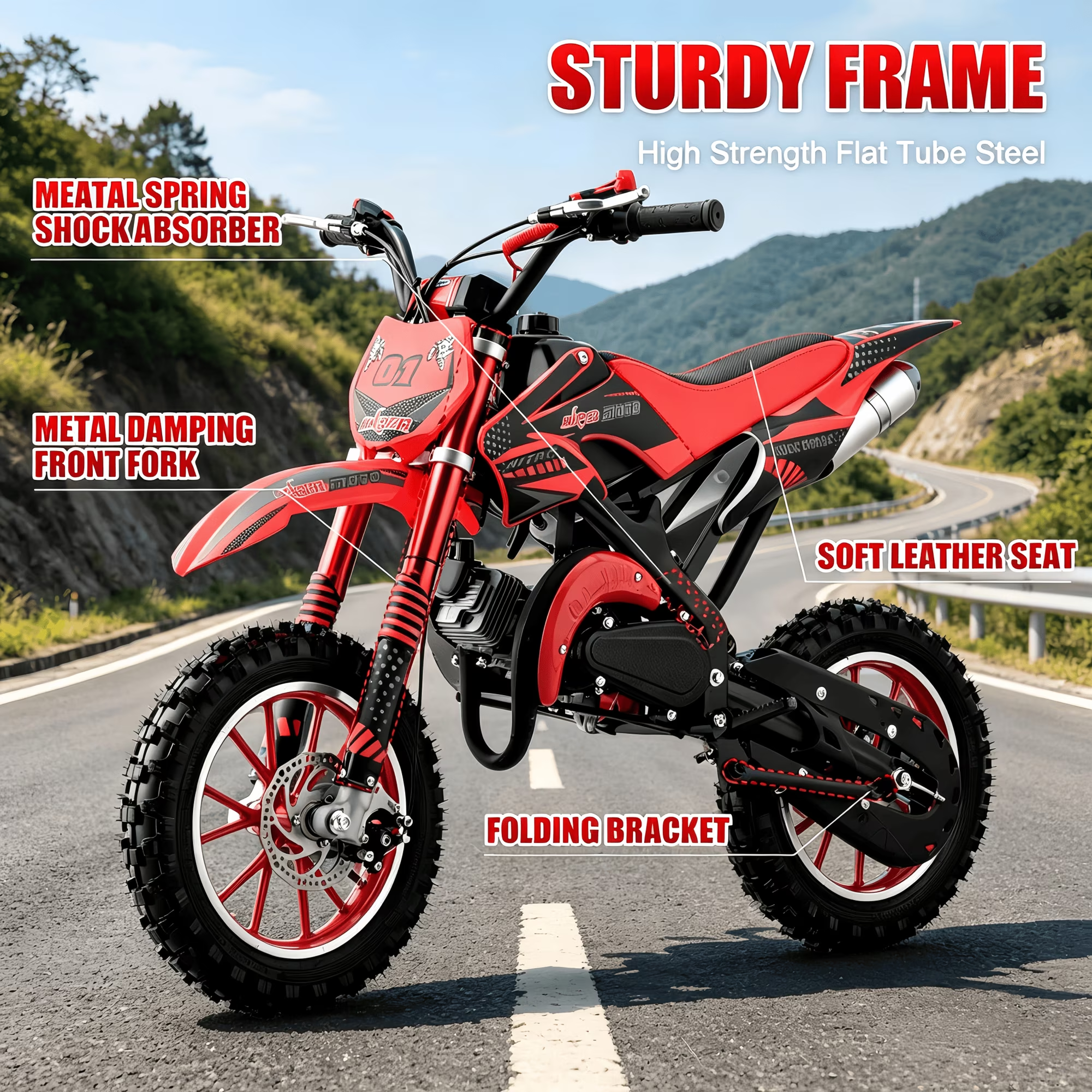 Ktoebyco 49cc Kids Dirt Bike, Gasoline Powered 2-Stroke Mini Motorcycle, 1-Seater, 1.5L Fuel Capacity, Red