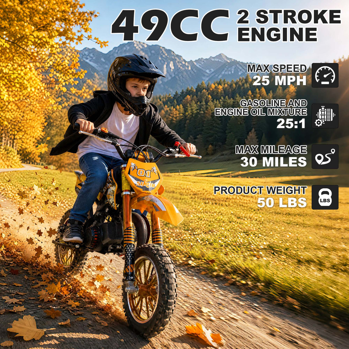 Gpower Gasoline 49cc Dirt Bike for Kids 6-15,2-Stroke Gas Power Mini Dirt Bike,1-Seater,Orange