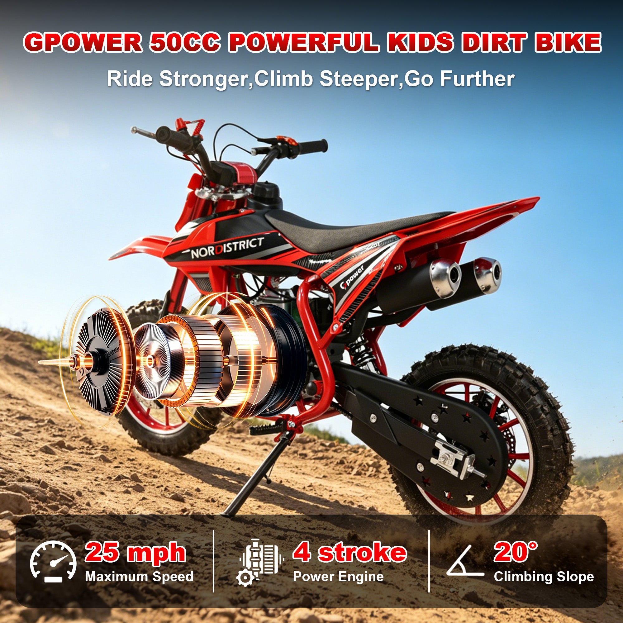 Gpower 50cc 4-Stroke Dirt Bike for Kids 13-17, Gas Power Mini Dirt Bike,1-Seater,Red