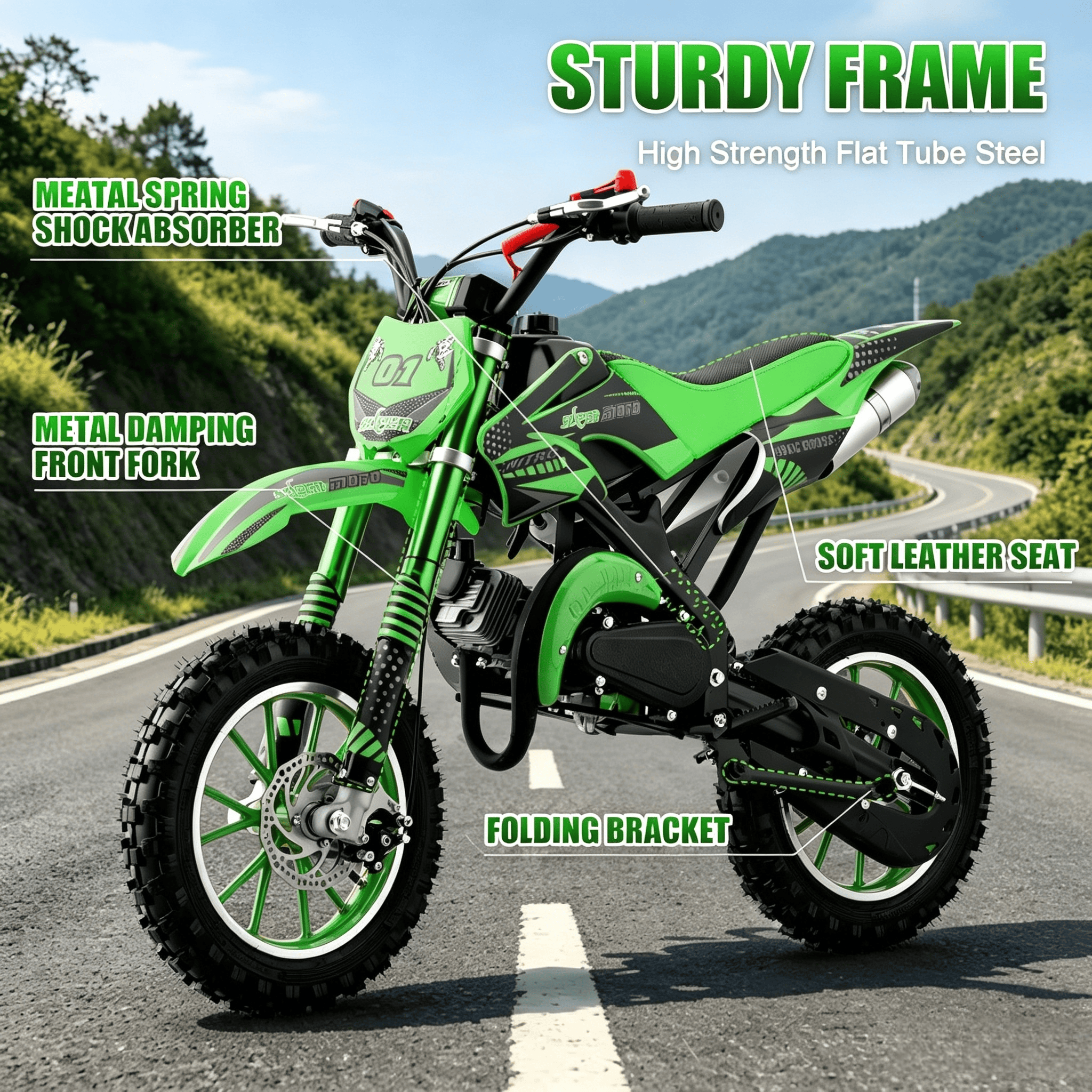 Ktoebyco 49cc Kids Mini Dirt Bike, 2-Stroke Gas-Powered Motorcycle, 1.5L Fuel Capacity,Green