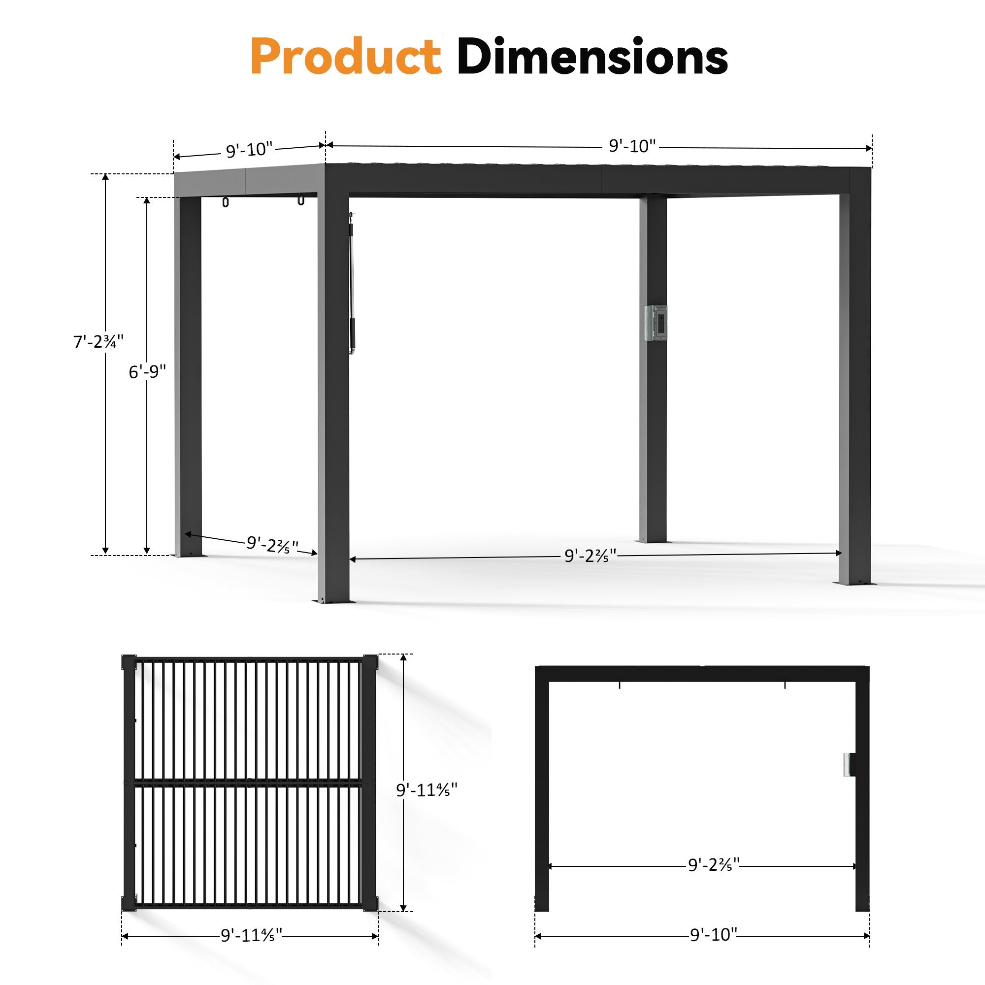 FONA 10'x10' Aluminum Louvered Pergola, Adjustable Roof, USB Charging, Black for Patio