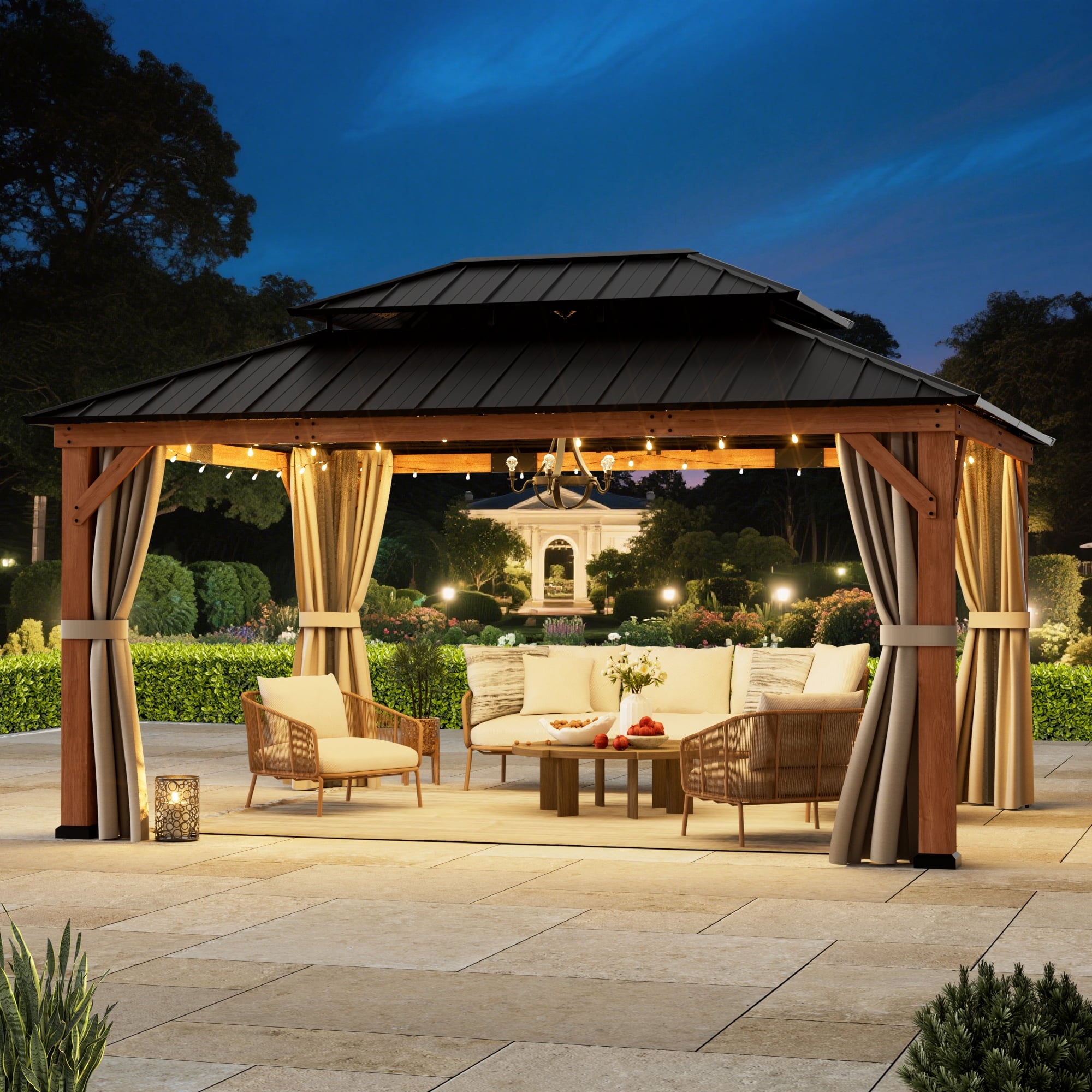 FONA 12'x16' Rosewood Cedar Grill Gazebo,Double Galvanized Steel Roof & Sturdy Hooks for Backyard
