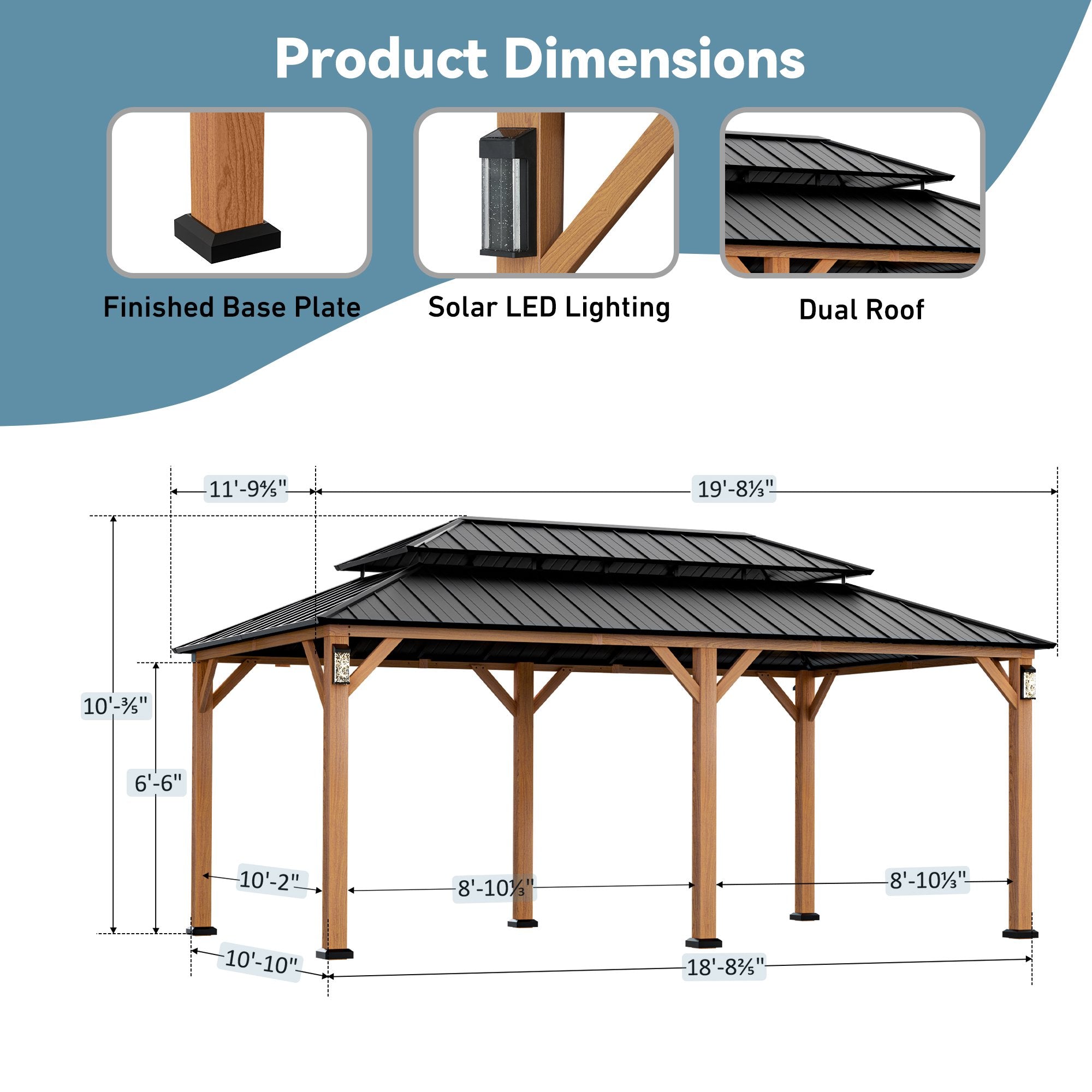 FONA 12'x20' Hardtop Gazebo with Steel Roof,Lights,Mosquito Netting & Hooks,Black