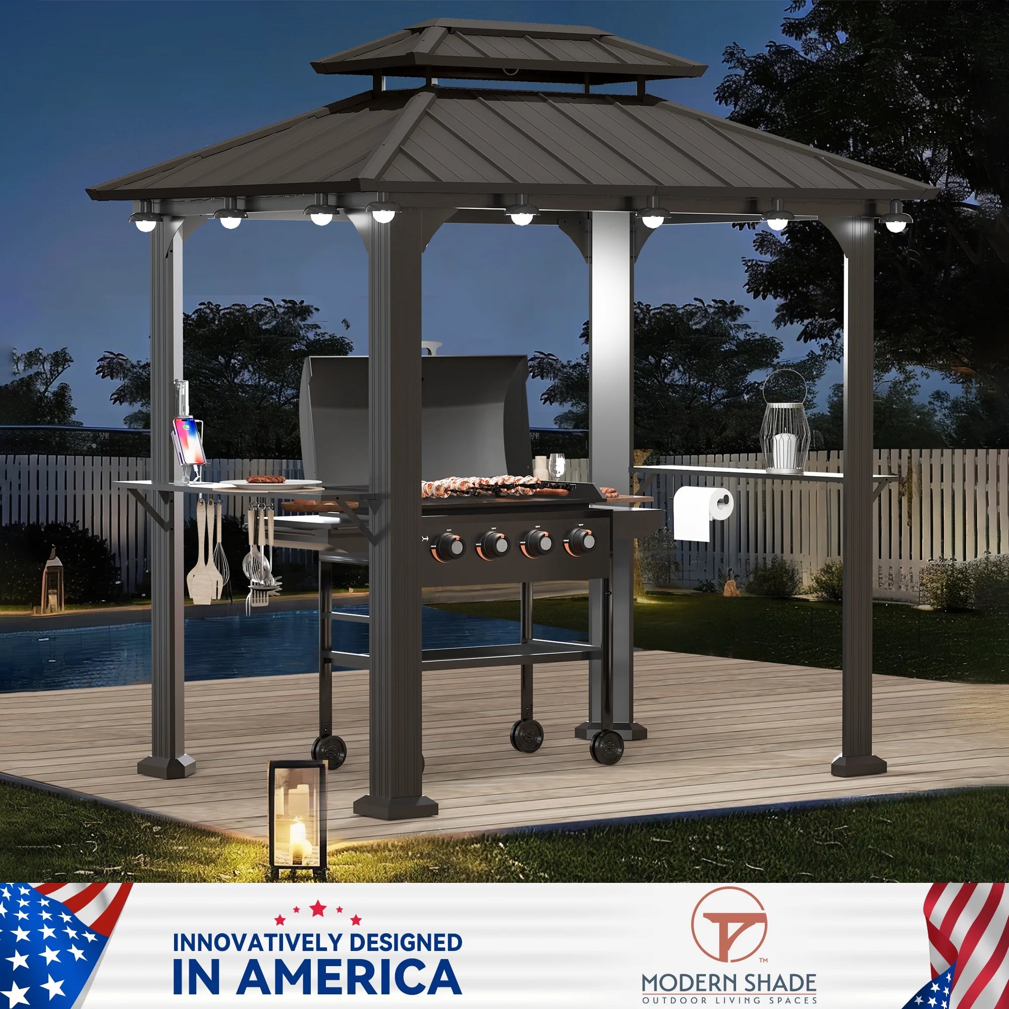 6’ x 8’ Aluminum Grill Gazebo with Modern Shade Design, Equipped with Shelves, Ceiling Hook, and Galvanized Steel Roof for Enhanced Patio, Lawn, or Backyard Deck BBQ Experience