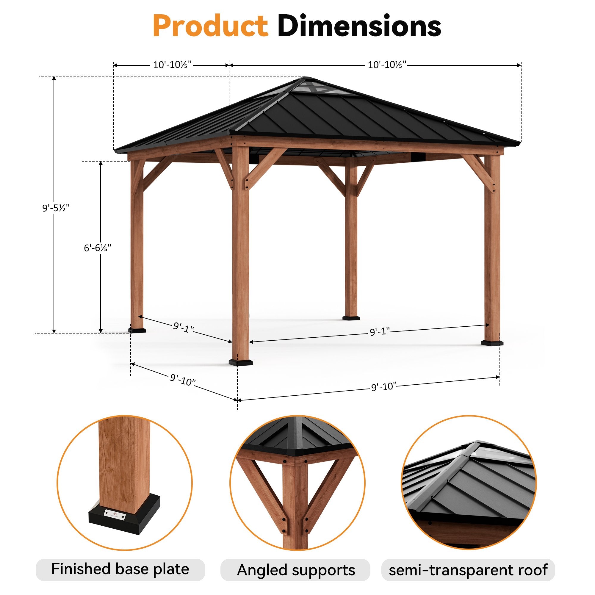 Modern Shade 11x11 Wood Gazebo,Permanent Hardtop Gazebo with Sunshine Board,with Galvanized Steel Roof Hardtop