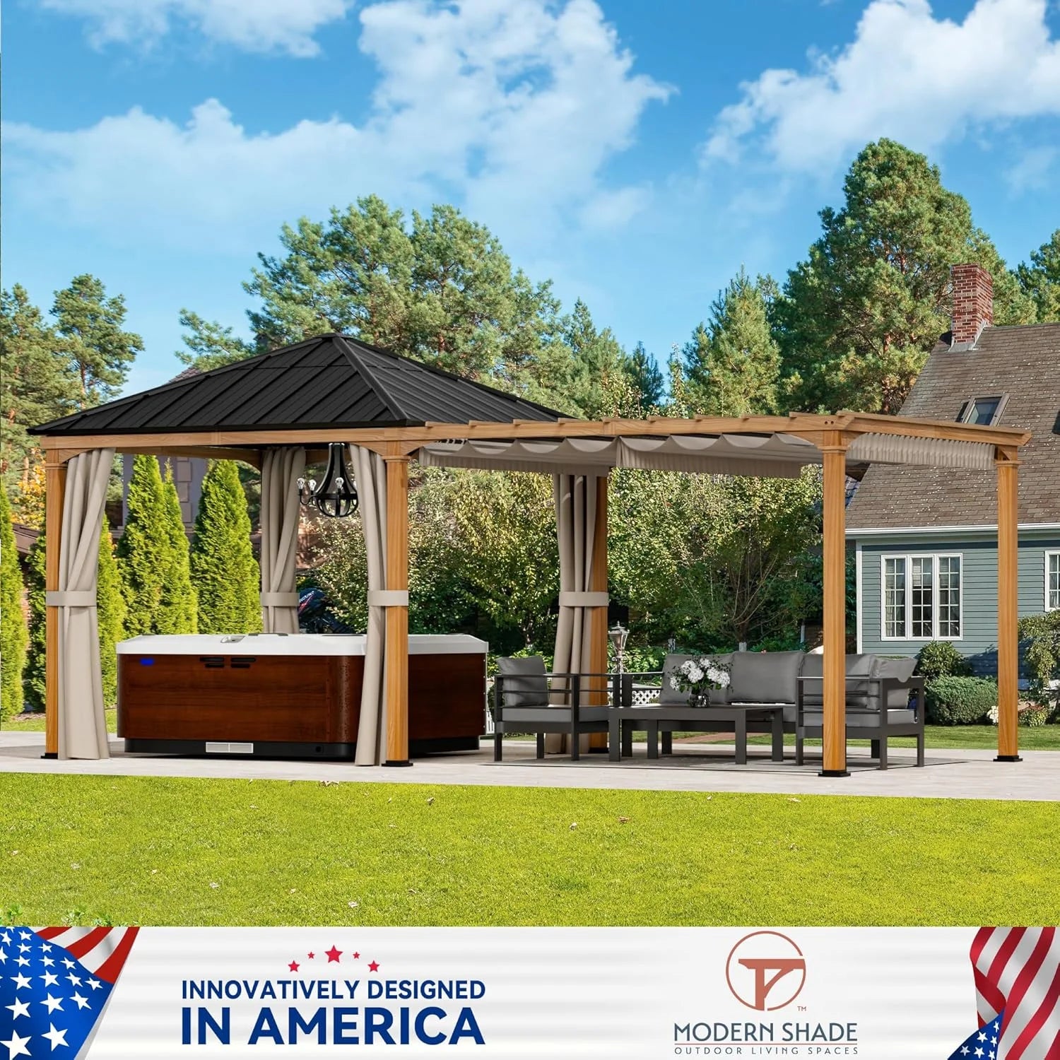 ModernShade 10'x20' Pergola Hybrid Gazebo with Adjustable Shade Fabric,Hardtop Roof,Privacy Curtains,Brown