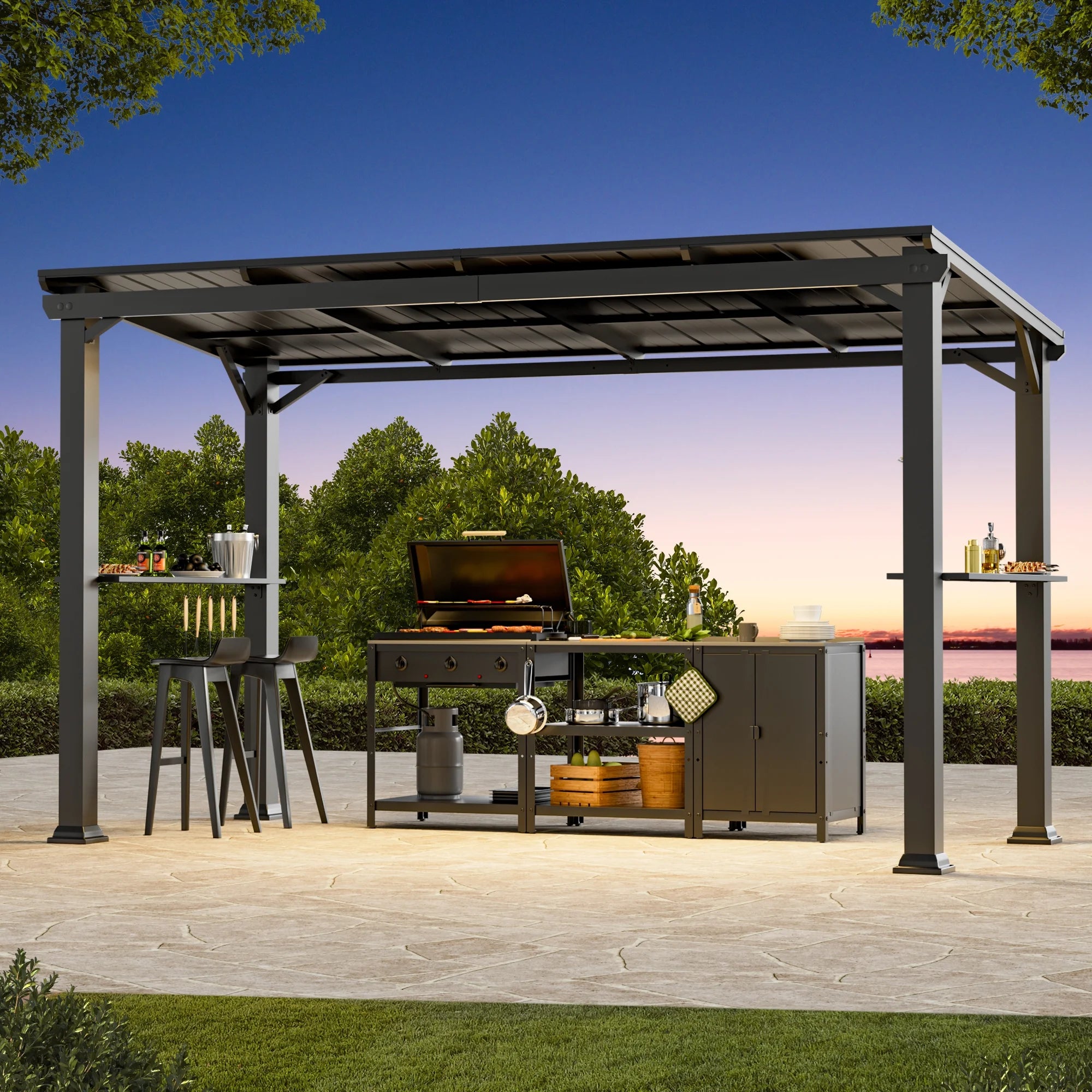 Covered Outdoor Hardtop Grill Gazebo 6'x12'with Side Shelf, Outdoor Gazebo with Bottle Opener & Hooks, Grill Canopy with Sturdy Rustproof Design for Backyard, Garden, Patio,Black