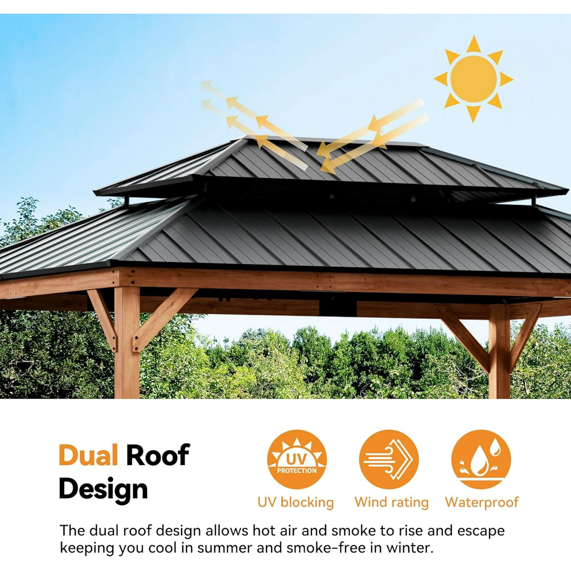 Modern Shade 12' x 16' Rosewood Wood Gazebo, Cedar Framed Wooden Gazebo with Double Galvanized Steel Roof,Permanent Hardtop Wood Grill Gazebo with Sturdy Hooks for Garden, Backyard,Patio,and Deck
