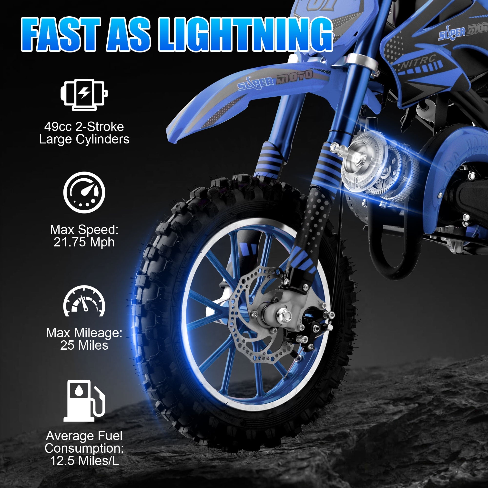 Ktoebyco 49cc Kids Dirt Bike, Gasoline Powered 2-Stroke Mini Motorcycle, 1-Seater, 1.5L Fuel Capacity, Blue