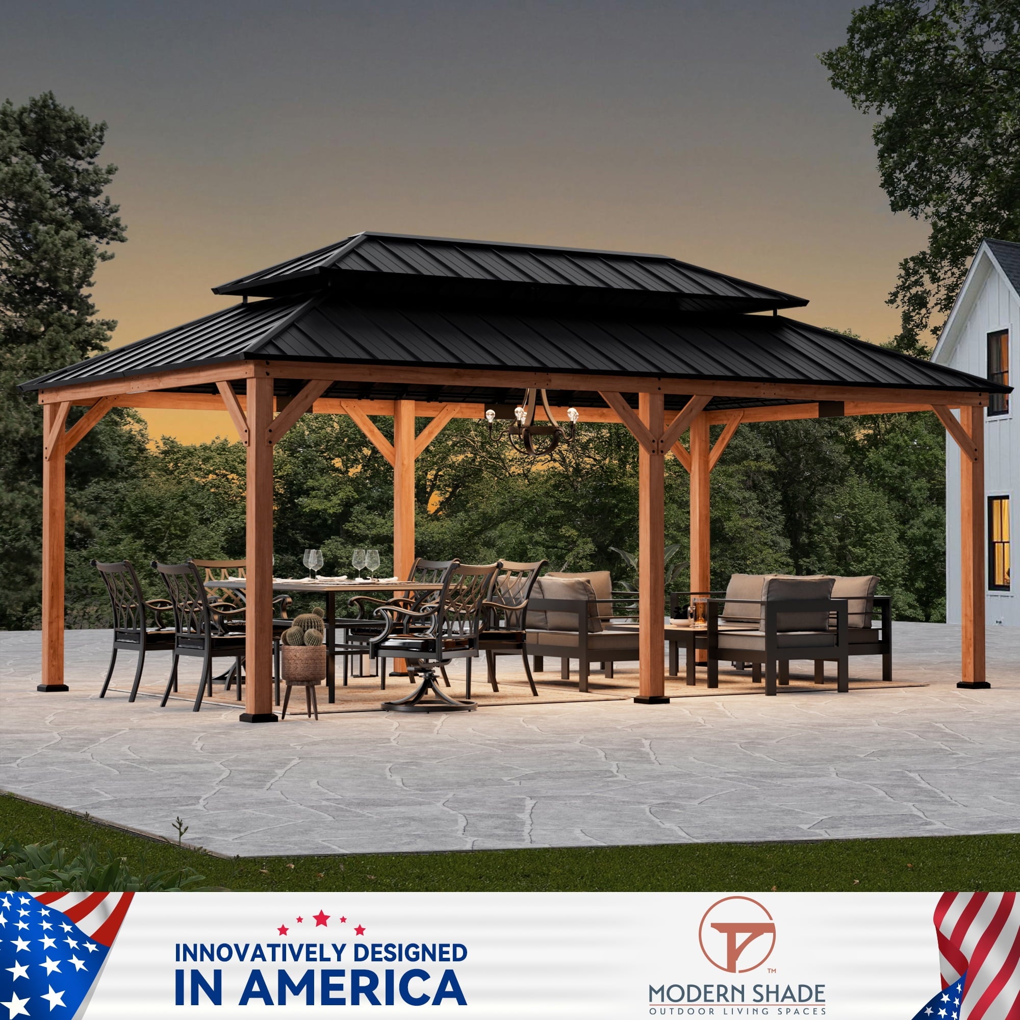 Modern Shade 12x20 Wood Gazebo,Cedar Framed Wooden Hard-Top Gazebo,Double Galvanized Steel Roof