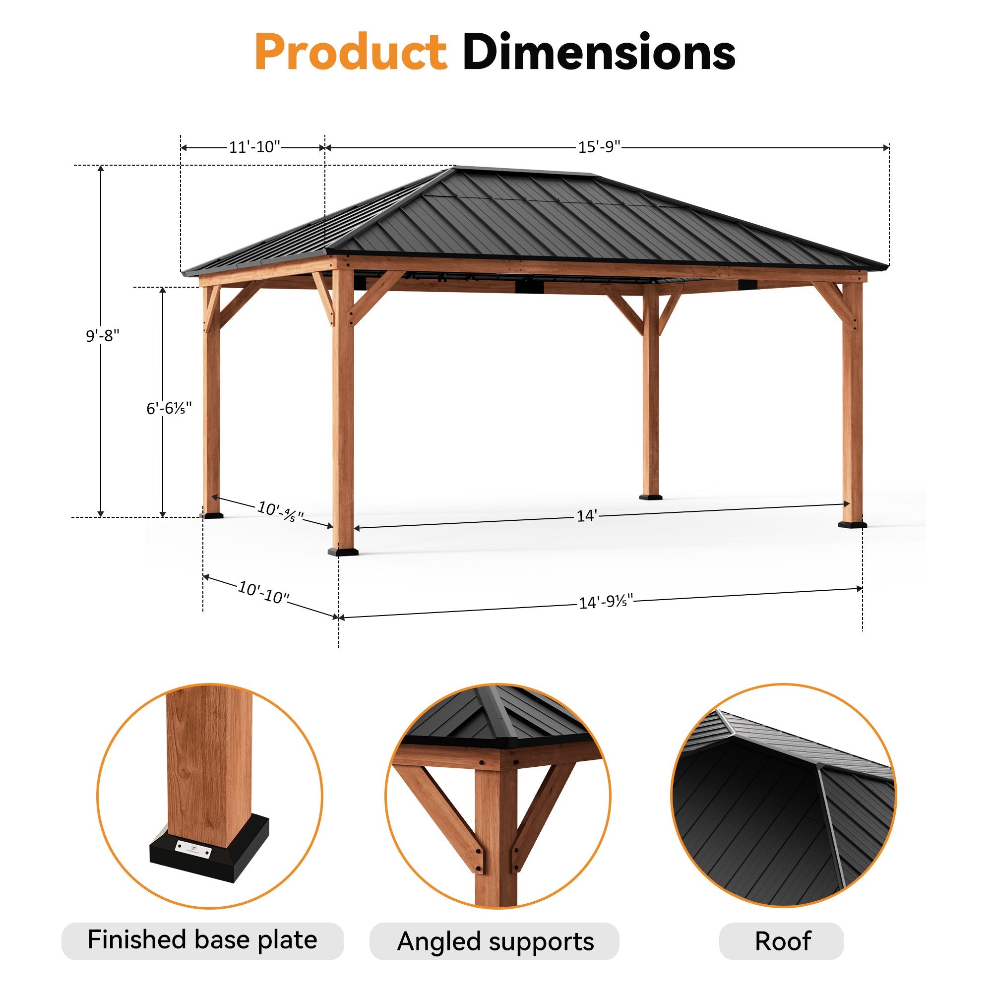 Modern Shade 12x16Wood Gazebo,Permanent Hardtop Gazebo with Mosquito Net,with Galvanized Steel Roof Hardtop