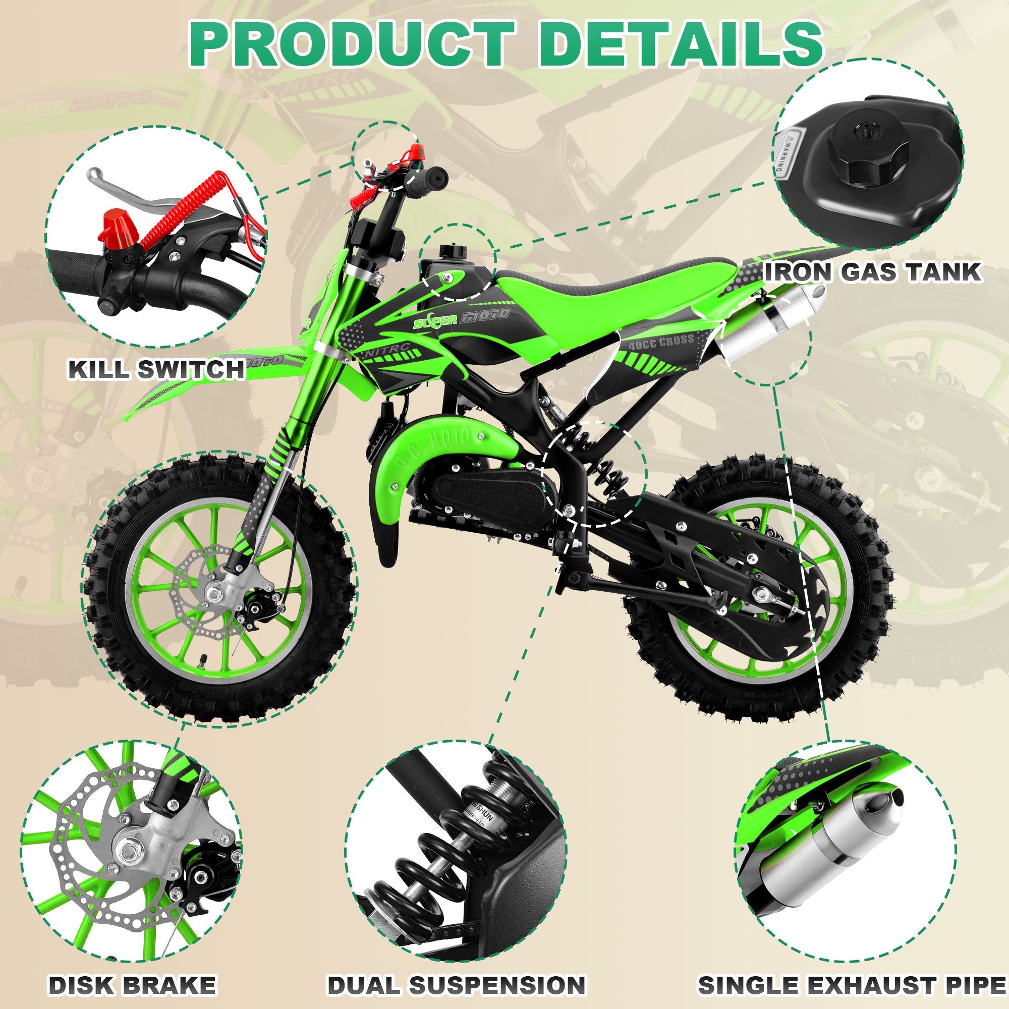 Ktoebyco Dirt Bike 49cc 2-Stroke Gas Mini Motorcycle for Kids Green