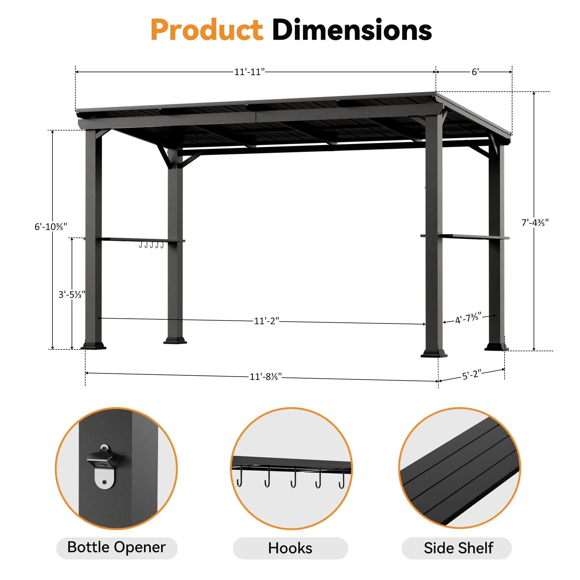 Covered Outdoor Hardtop Grill Gazebo 6'x12'with Side Shelf, Outdoor Gazebo with Bottle Opener & Hooks, Grill Canopy with Sturdy Rustproof Design for Backyard, Garden, Patio,Black