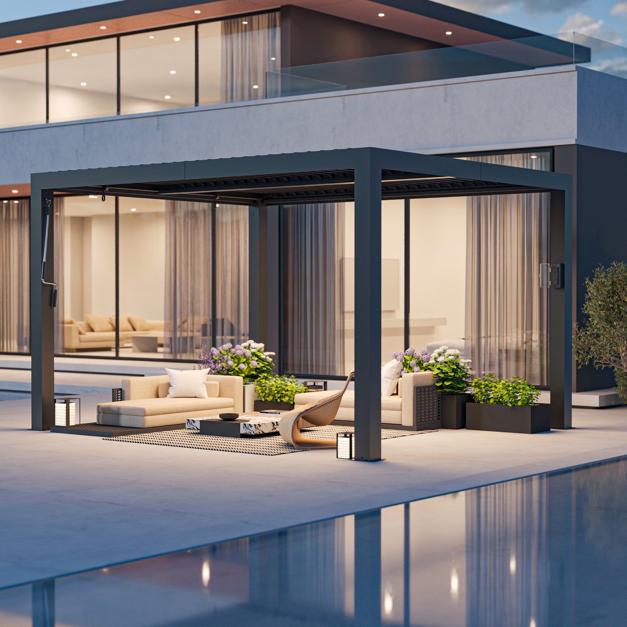 FONA 10'x12' Aluminum Louvered Pergola, Adjustable Roof, USB Charging, Black for Patio