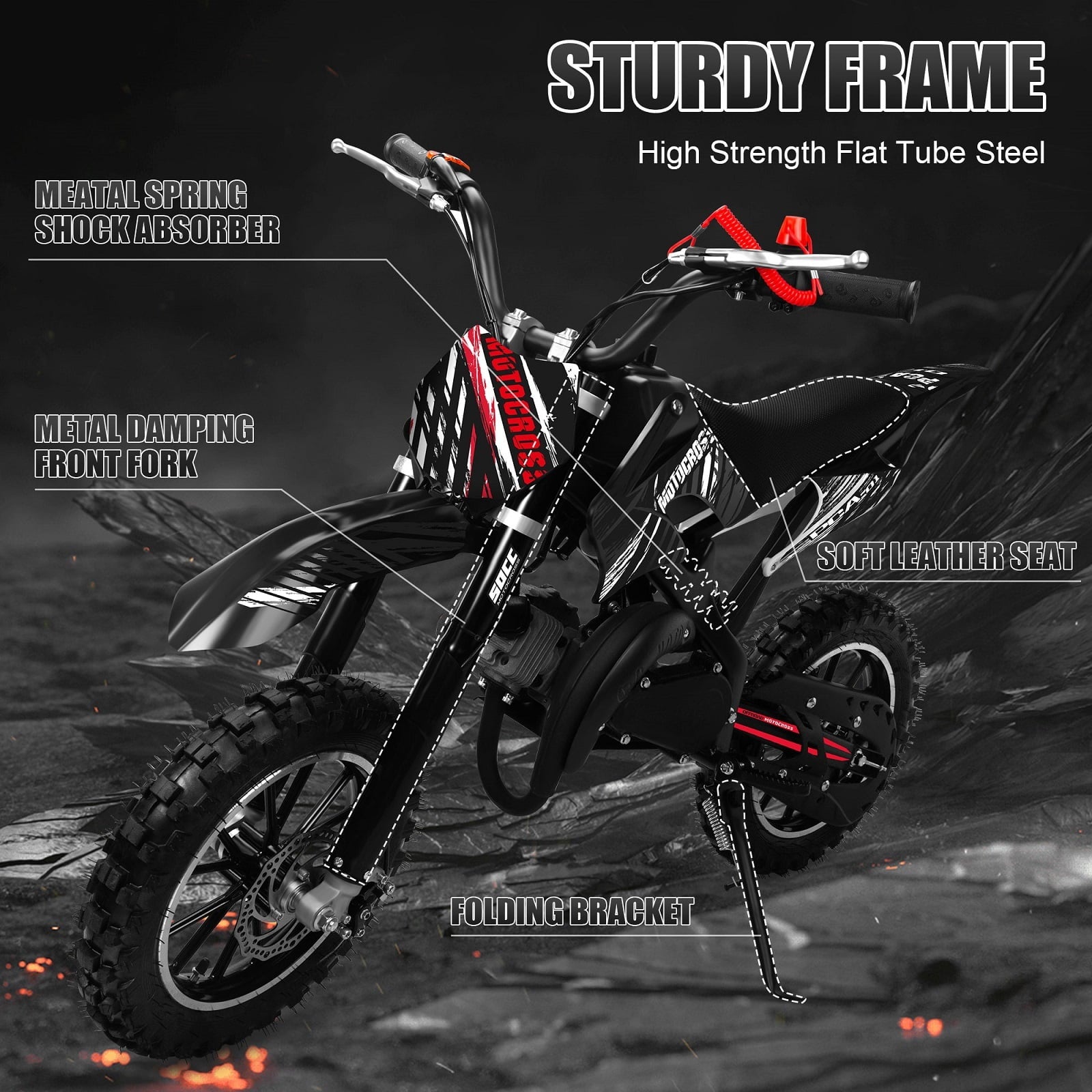 Ktoebyco 49cc Kids Mini Dirt Bike, 2-Stroke Gas-Powered Motorcycle, 1.5L Fuel Capacity, Black