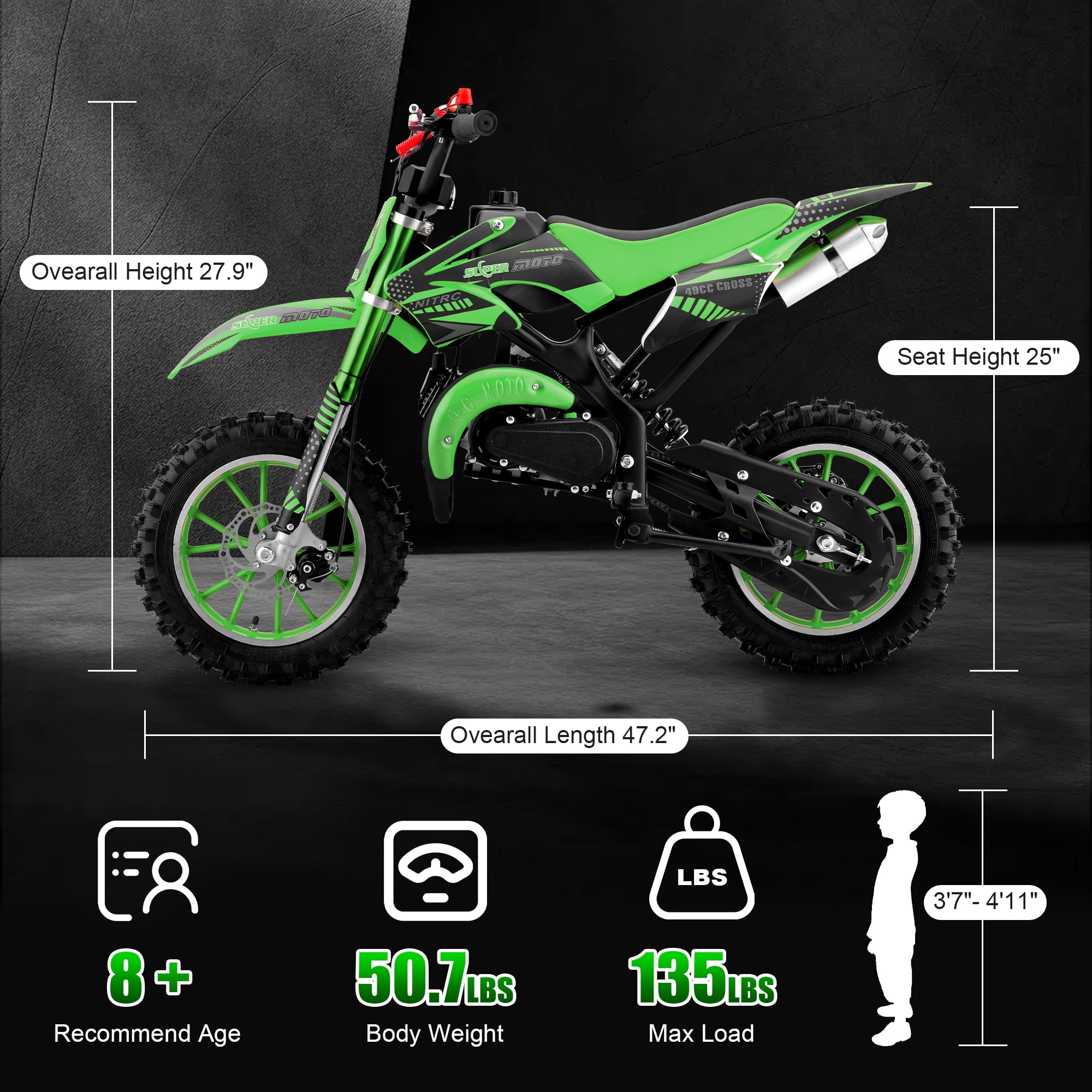 Ktoebyco 49cc Kids Mini Dirt Bike, 2-Stroke Gas-Powered Motorcycle, 1.5L Fuel Capacity,Green