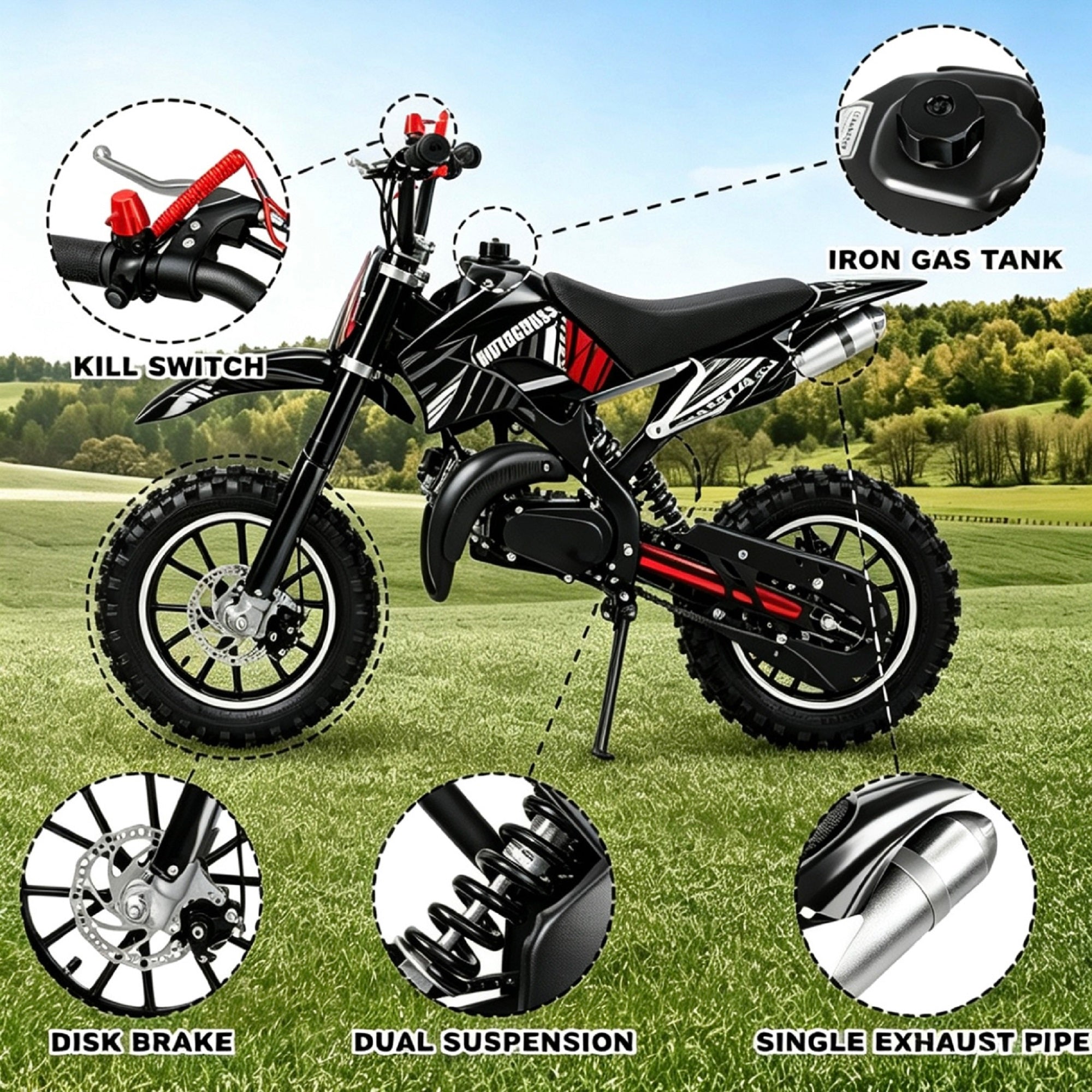 Gpower 49cc Dirt Bike for Kids 6–15, 2-Stroke Gas-Powered Mini Bike, 1-Seater, Black