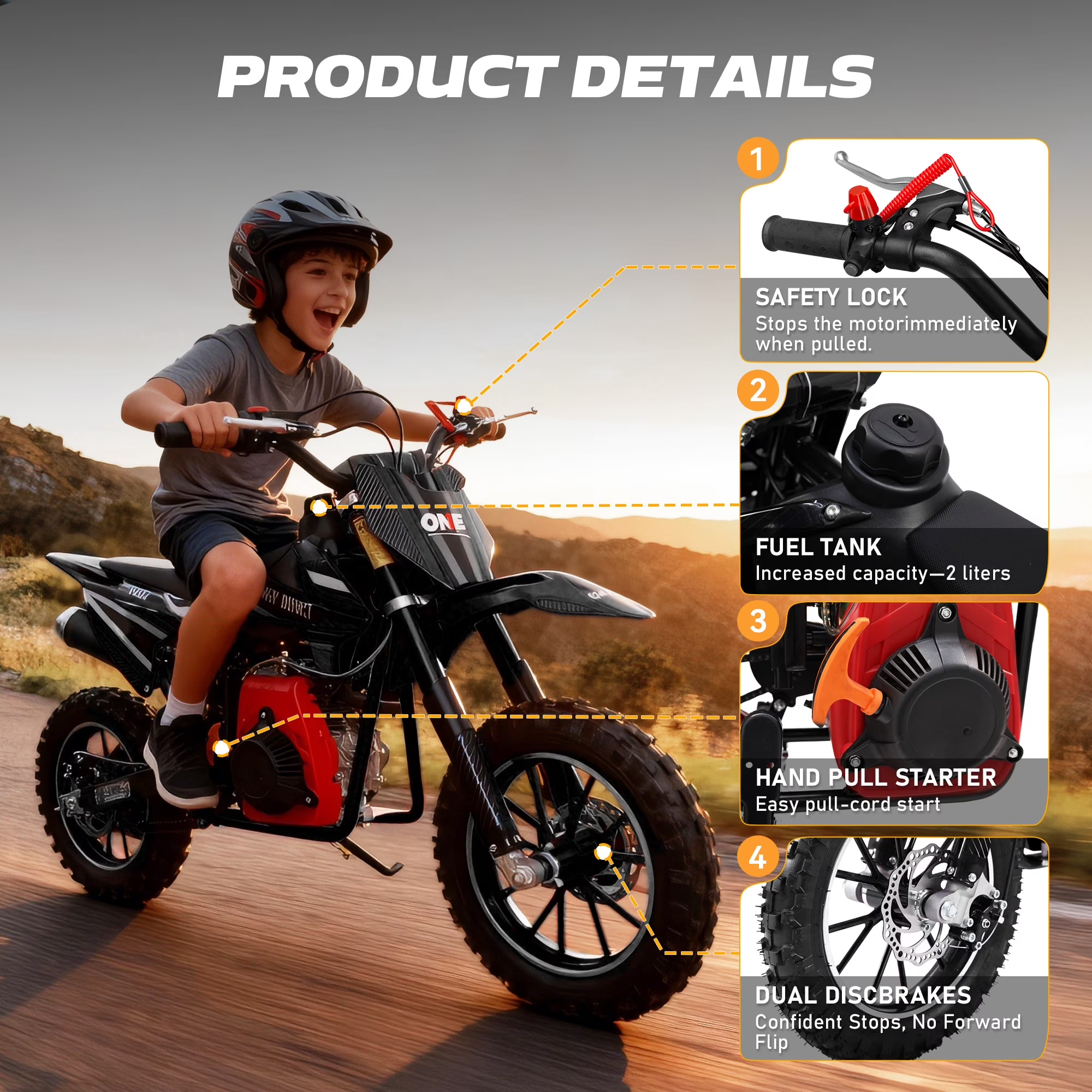 4-Stroke Dirt Bike,50cc Mini Motorcycle Max Speed 25 MPH, 165 lb Capacity with Shock Absorber & Dual Disc Brakes for Kids 13-17,Black