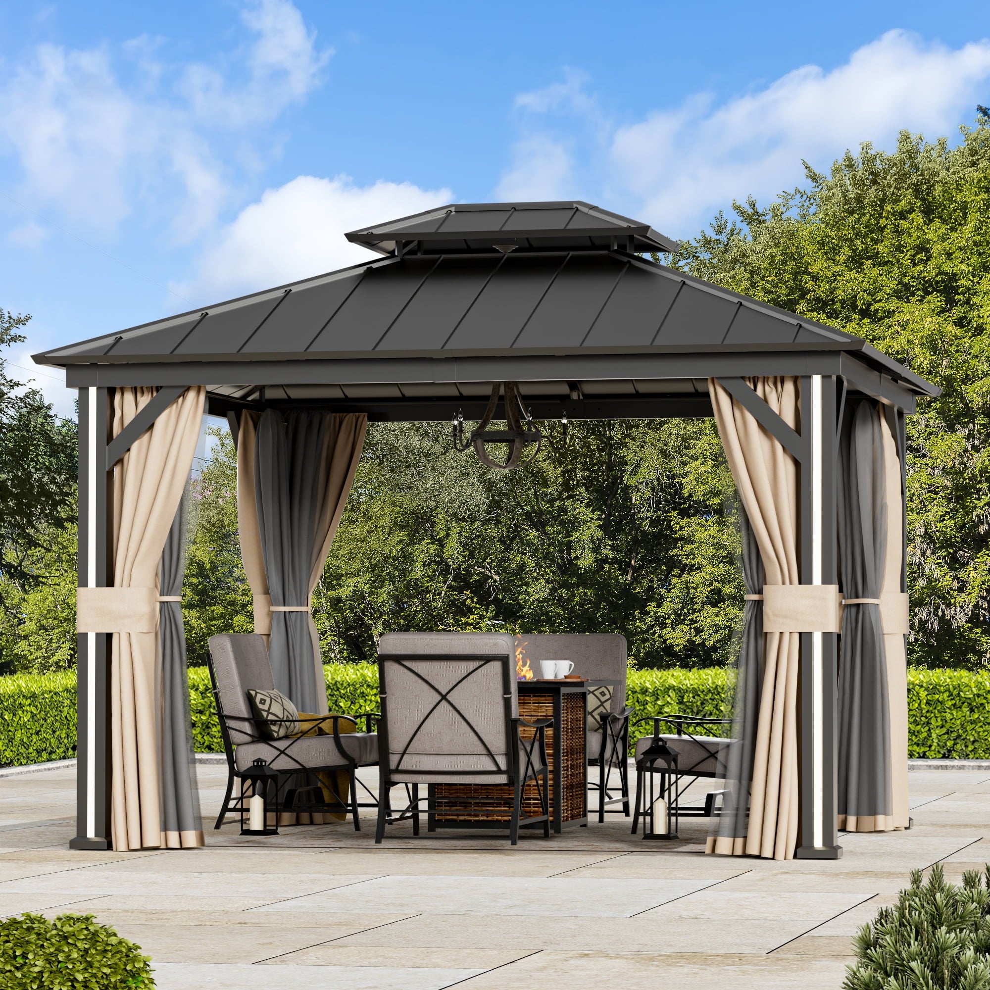 FONA 10'x12' Hardtop Gazebo with LED Lights,Double Roof,USB Port,Netting & Curtains for Patio,Black