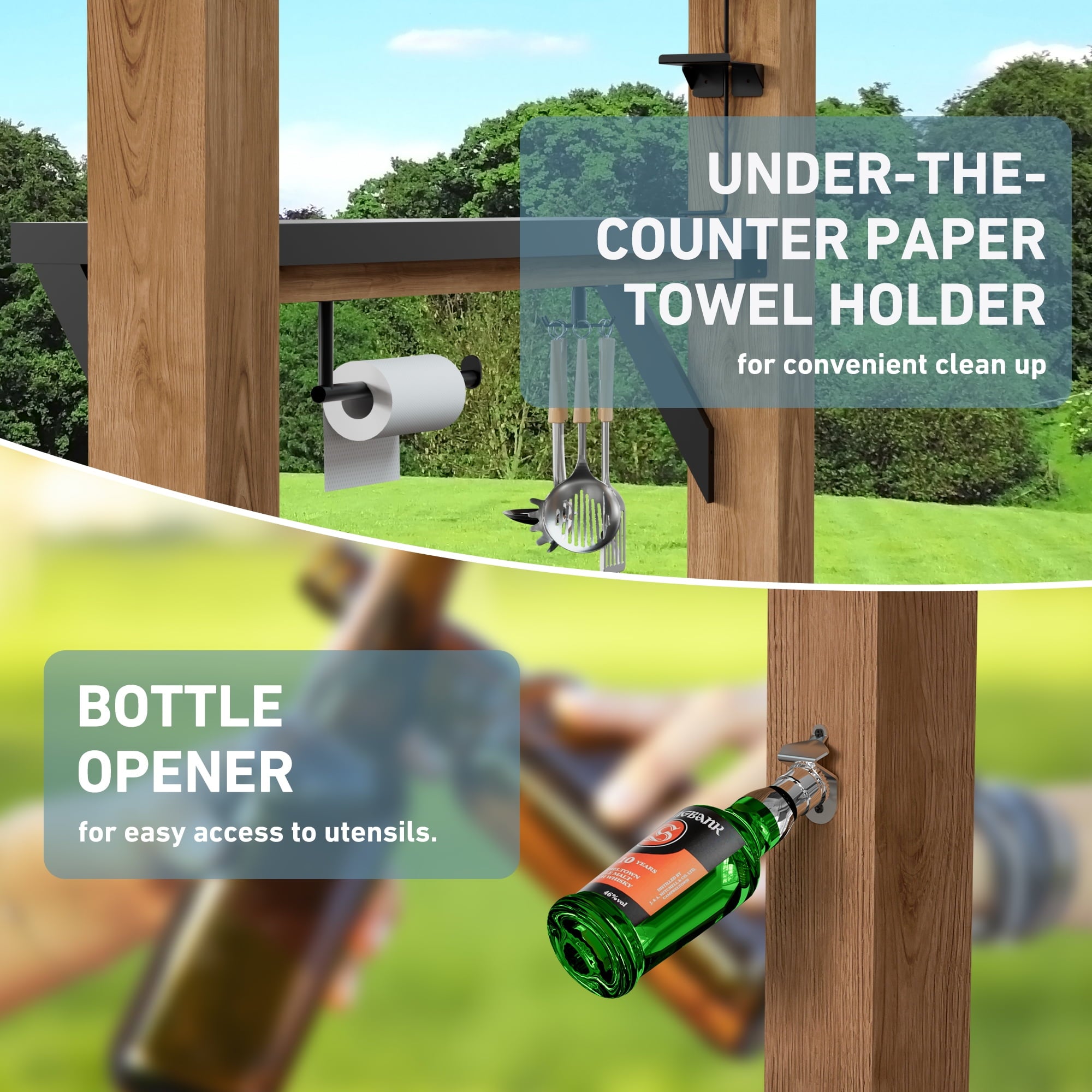 FONA 6'x8' Cedar Wood Grill Gazebo with Shelves,Paper Towel Holder,Steel Roof & USB Charging Ports