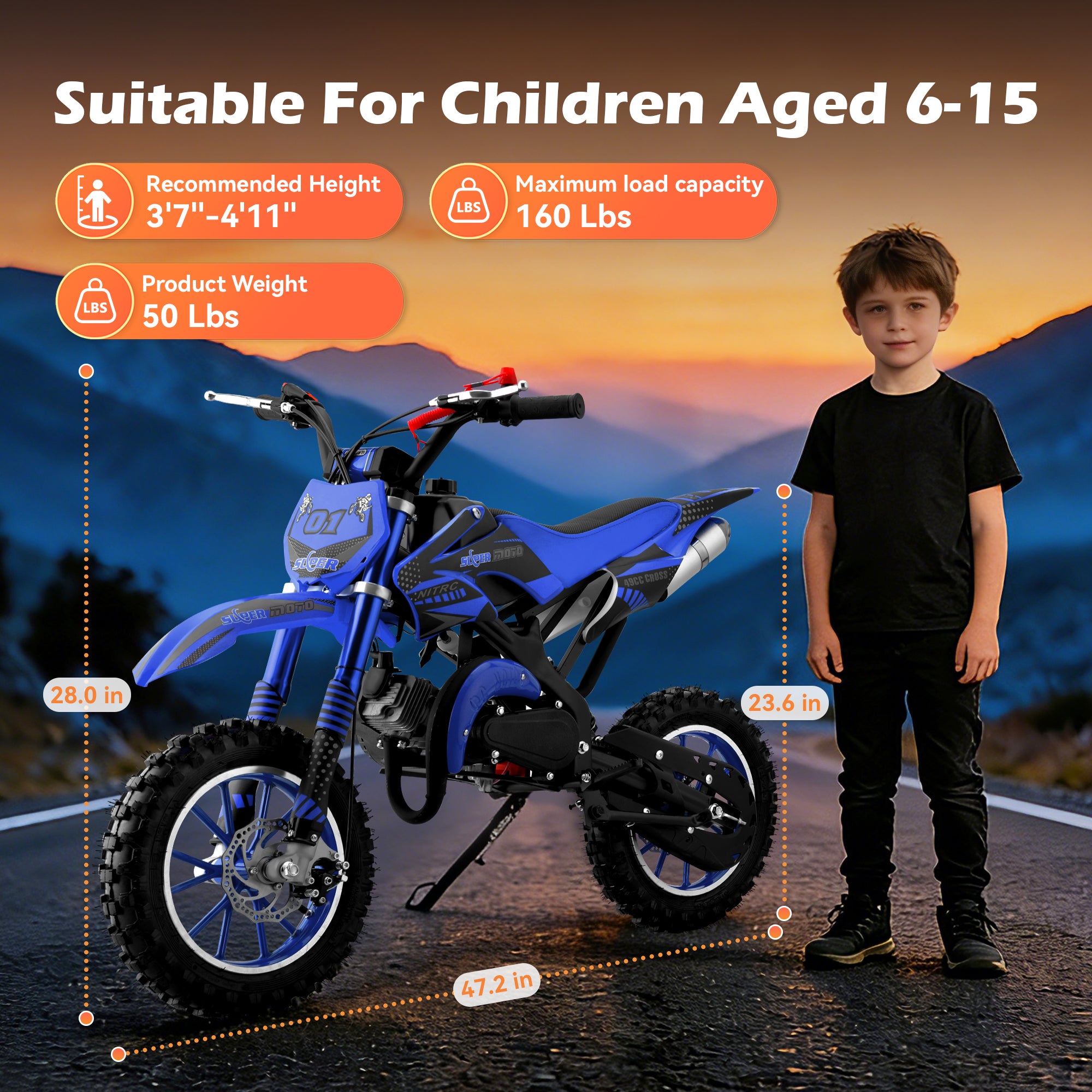 Gpower 49cc Dirt Bike for Kids 6-15,2-Stroke Gas Powered Mini Dirt Bike,1.5L Fuel Capacity,1-Seater,Blue