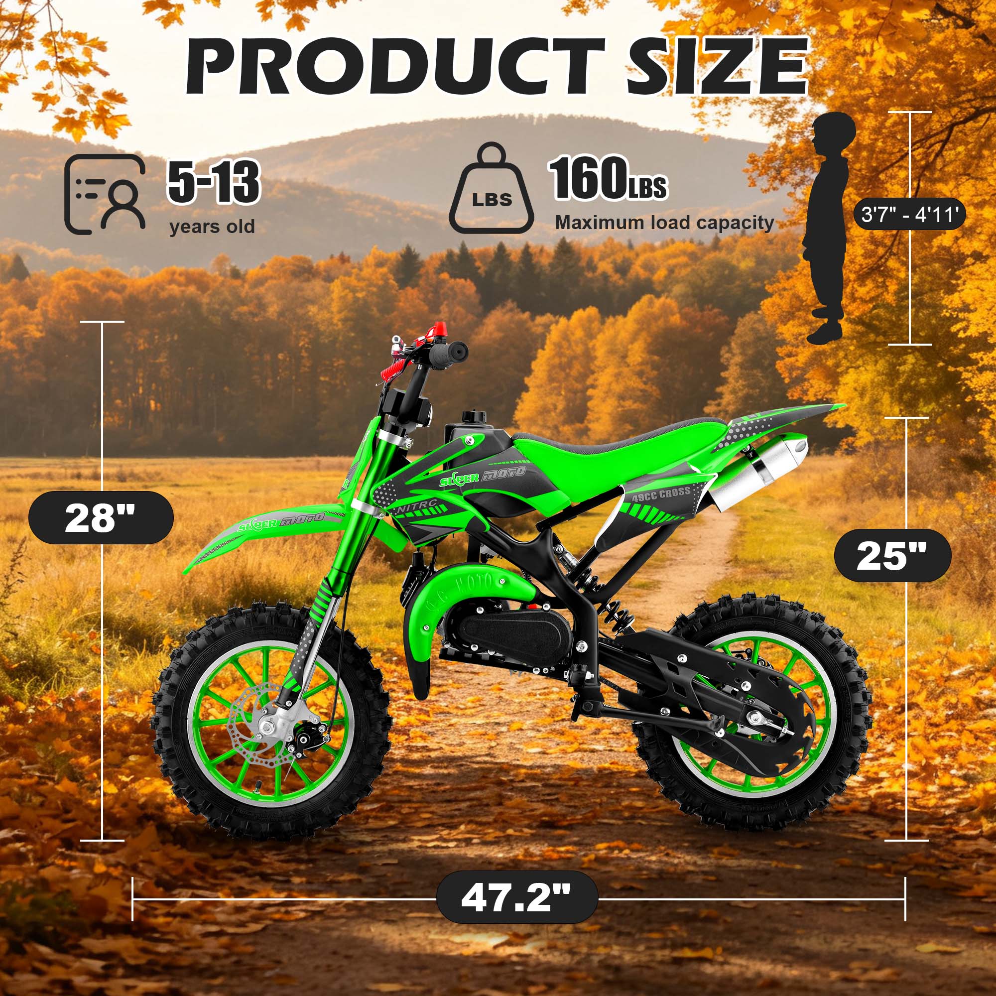 Gpower Gasoline 49cc Dirt Bike for Kids 13-17,2-Stroke Gas Power Mini Dirt Bike,Green