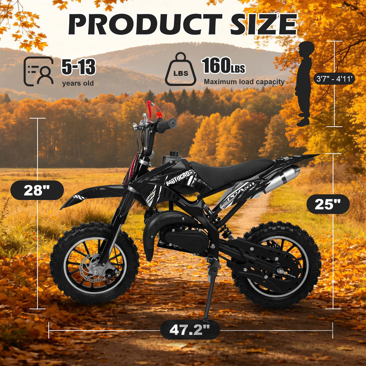 Gpower 49cc Dirt Bike for Kids 6–15, 2-Stroke Gas-Powered Mini Bike, 1-Seater, Black
