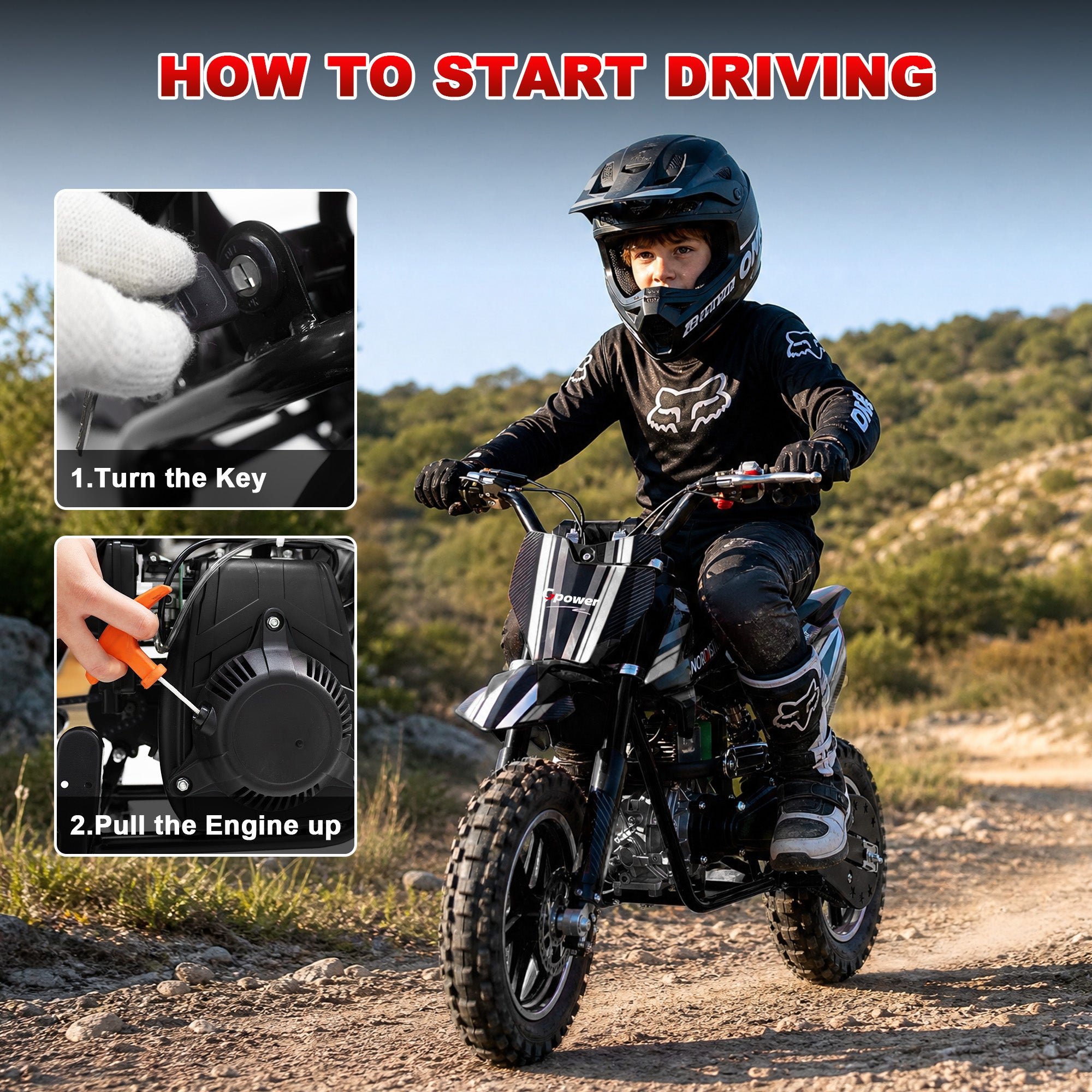Gpower 50cc 4-Stroke Dirt Bike for Kids 13-17, Gas Power Mini Dirt Bike,1-Seater,Black