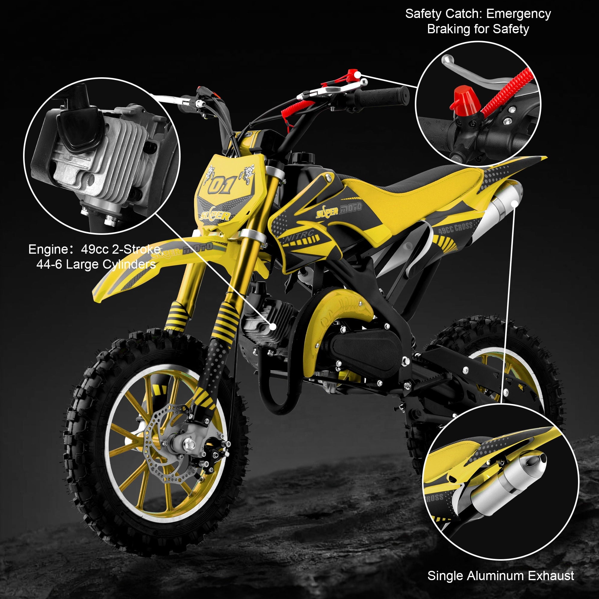Ktoebyco 49cc Kids Dirt Bike, Gasoline Powered 2-Stroke Mini Motorcycle, 1-Seater, 1.5L Fuel Capacity, Yellow