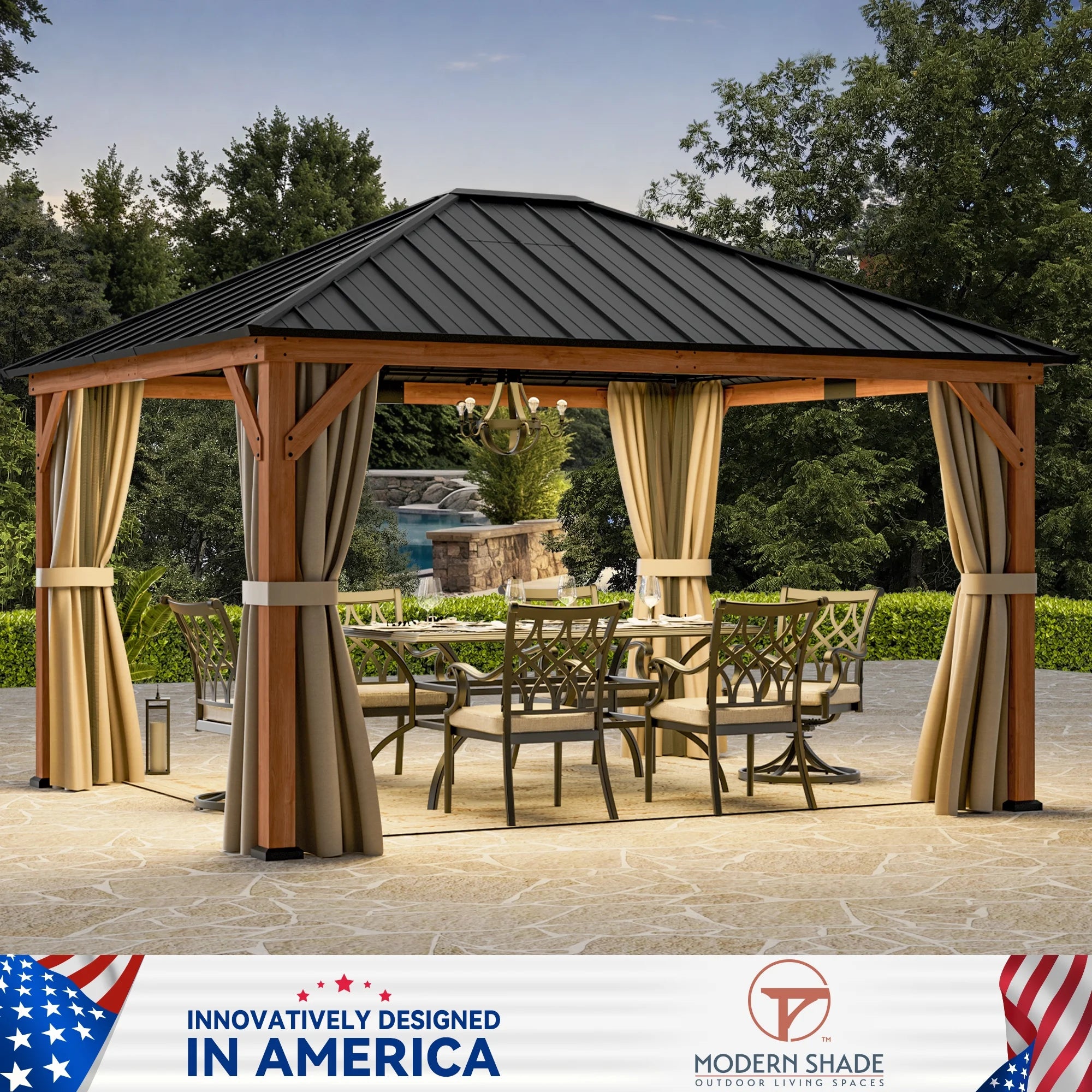 Modern Shade 12x14 Wood Gazebo,Permanent Hardtop Gazebo with Mosquito Net,with Galvanized Steel Roof Hardtop
