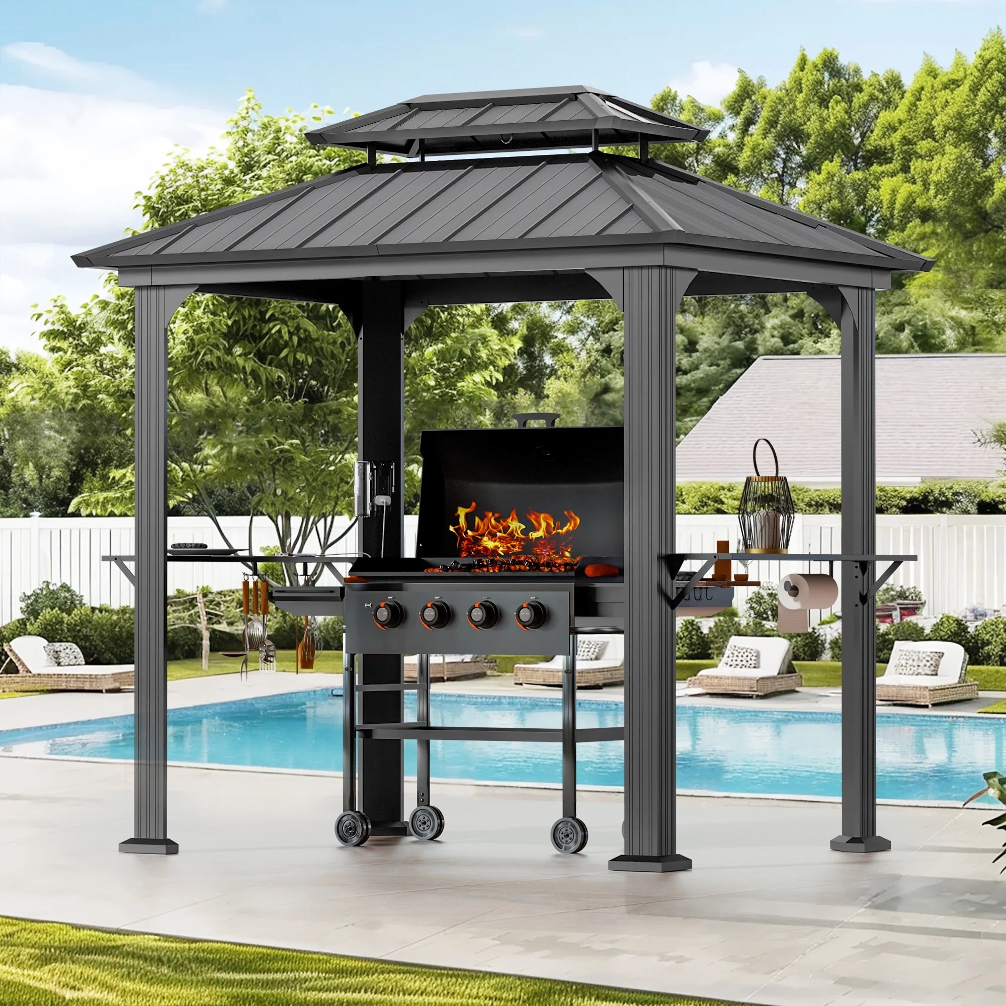 6’ x 8’ Aluminum Grill Gazebo with Modern Shade Design, Equipped with Shelves, Ceiling Hook, and Galvanized Steel Roof for Enhanced Patio, Lawn, or Backyard Deck BBQ Experience