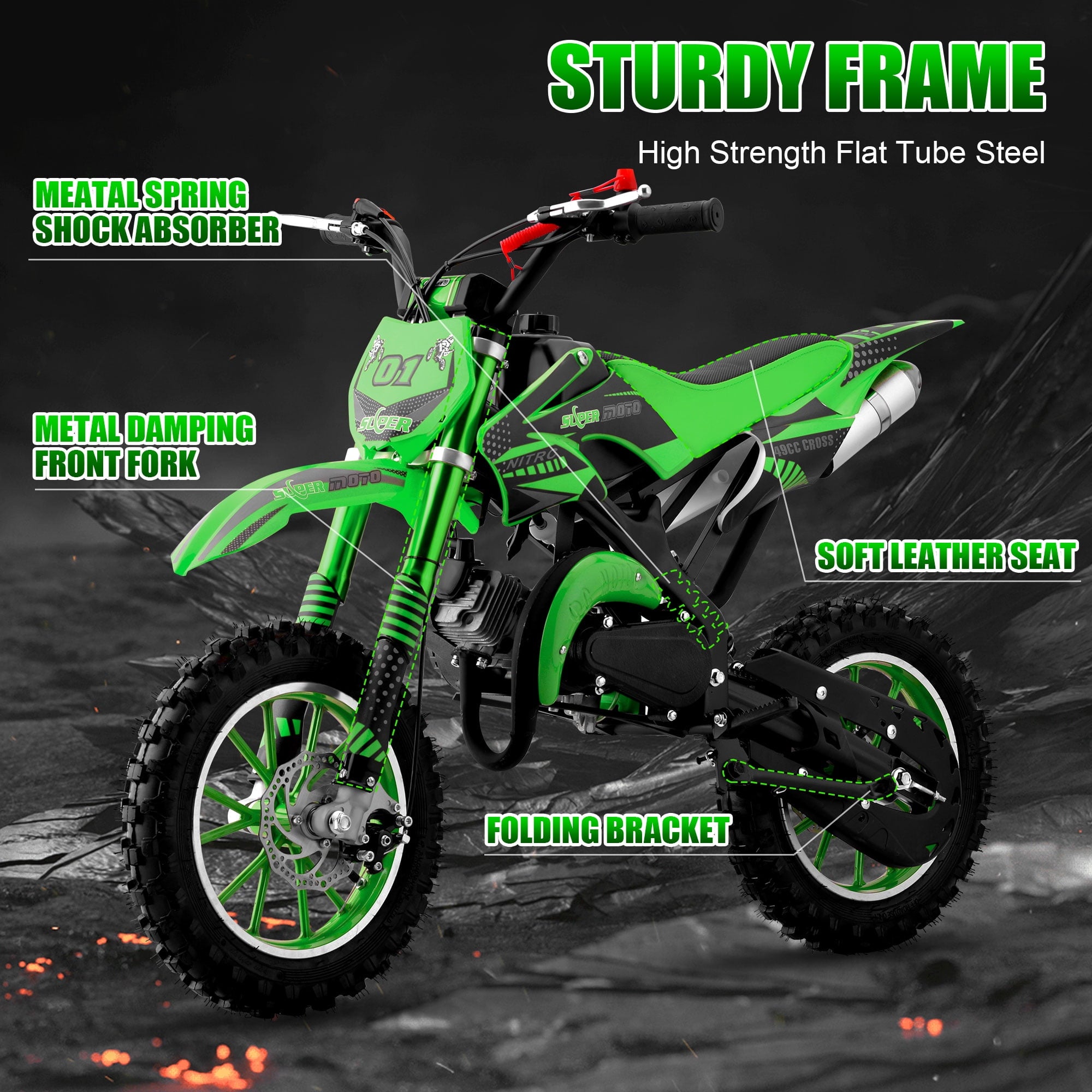 Ktoebyco 49cc Kids Mini Dirt Bike, 2-Stroke Gas-Powered Motorcycle, 1.5L Fuel Capacity,Green