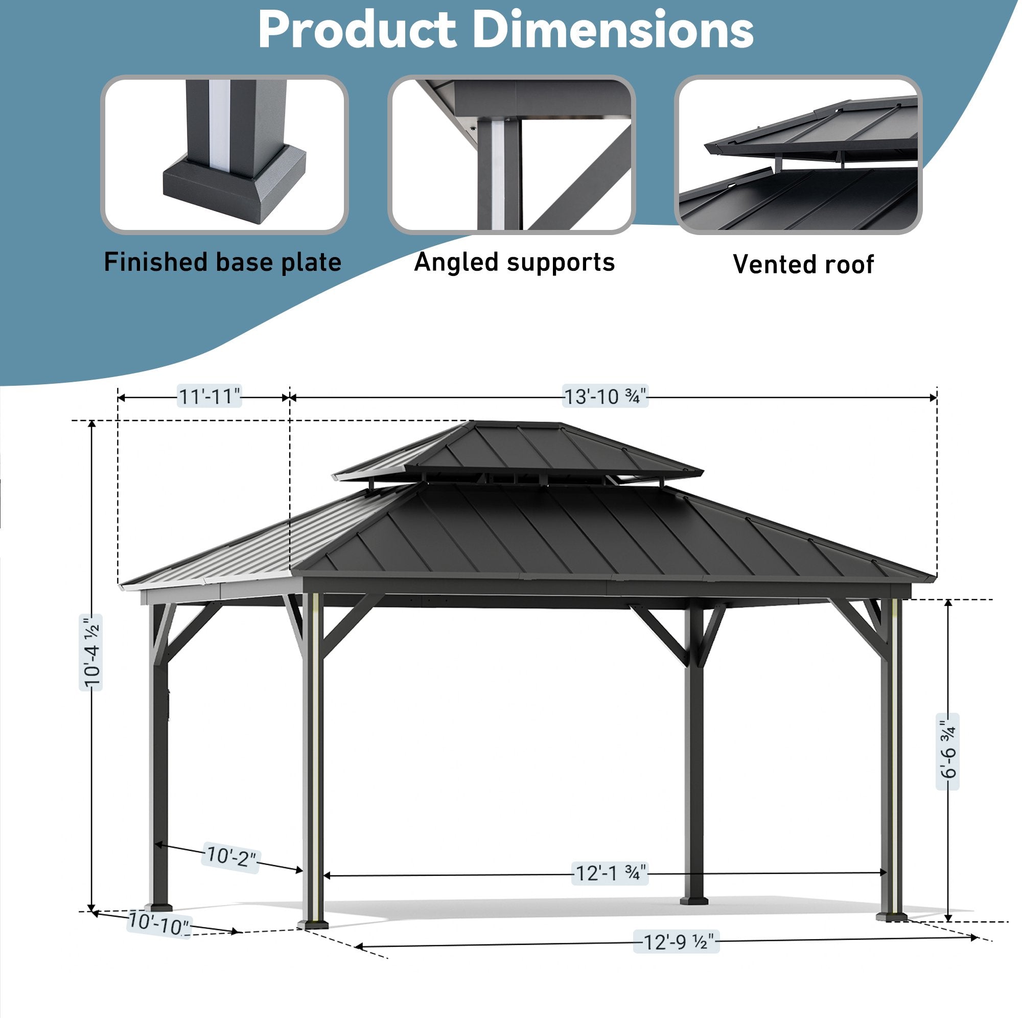 FONA 12'x14' Aluminum Hardtop Gazebo with LED Lights,Netting,Curtains & USB Port,Black